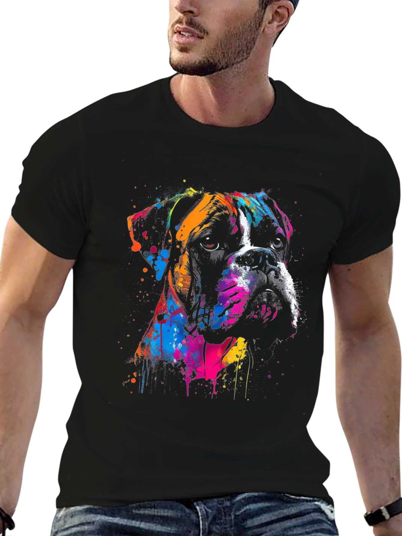 Boxer Dog Art Print Black T-Shirt