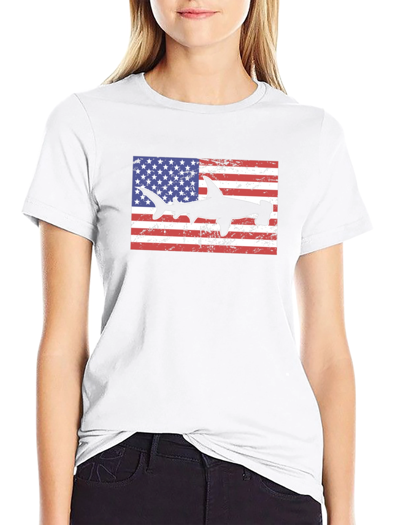 American Flag Hammerhead Shark Black T-Shirt