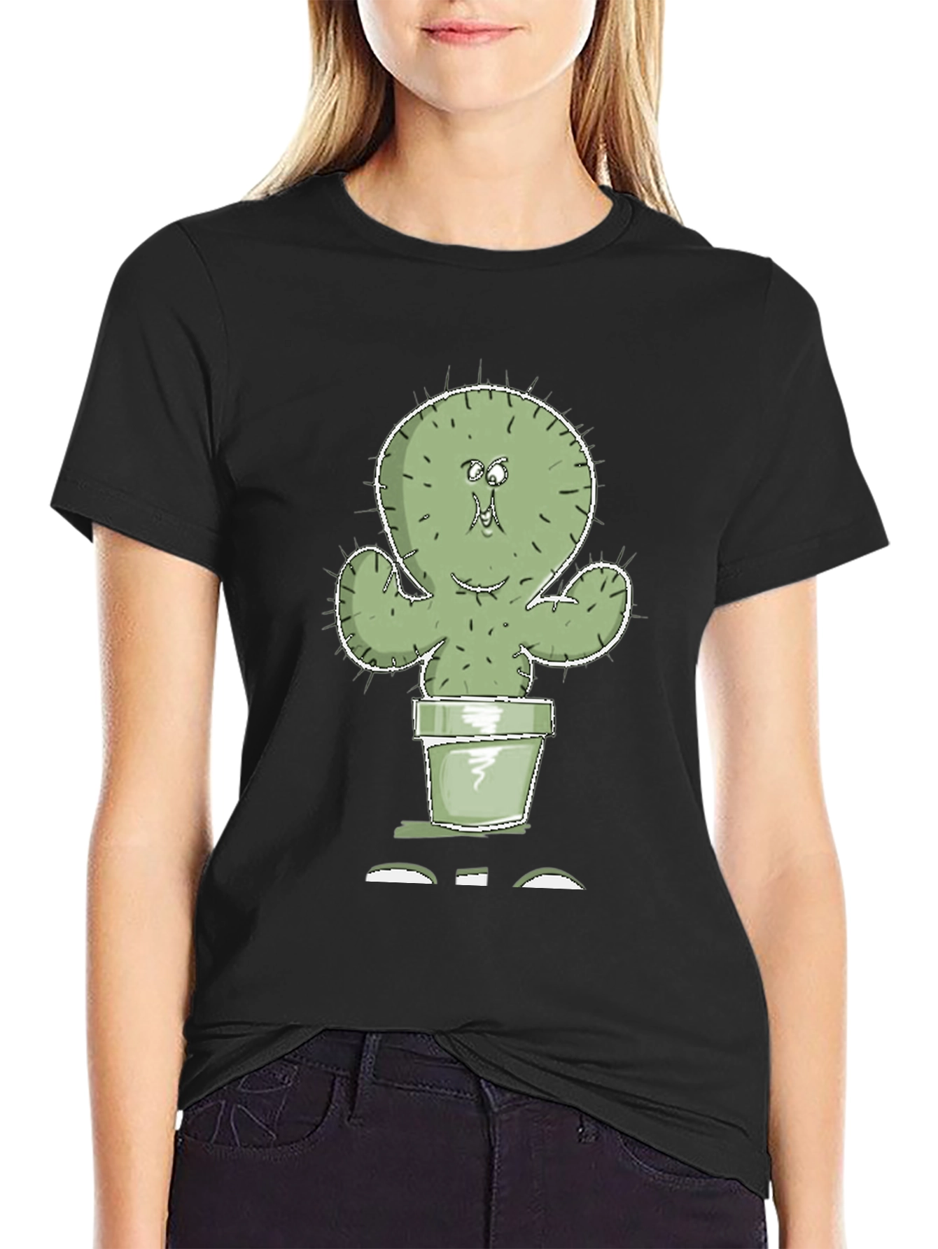 Cartoon Cactus in Pot Graphic Tee - Black