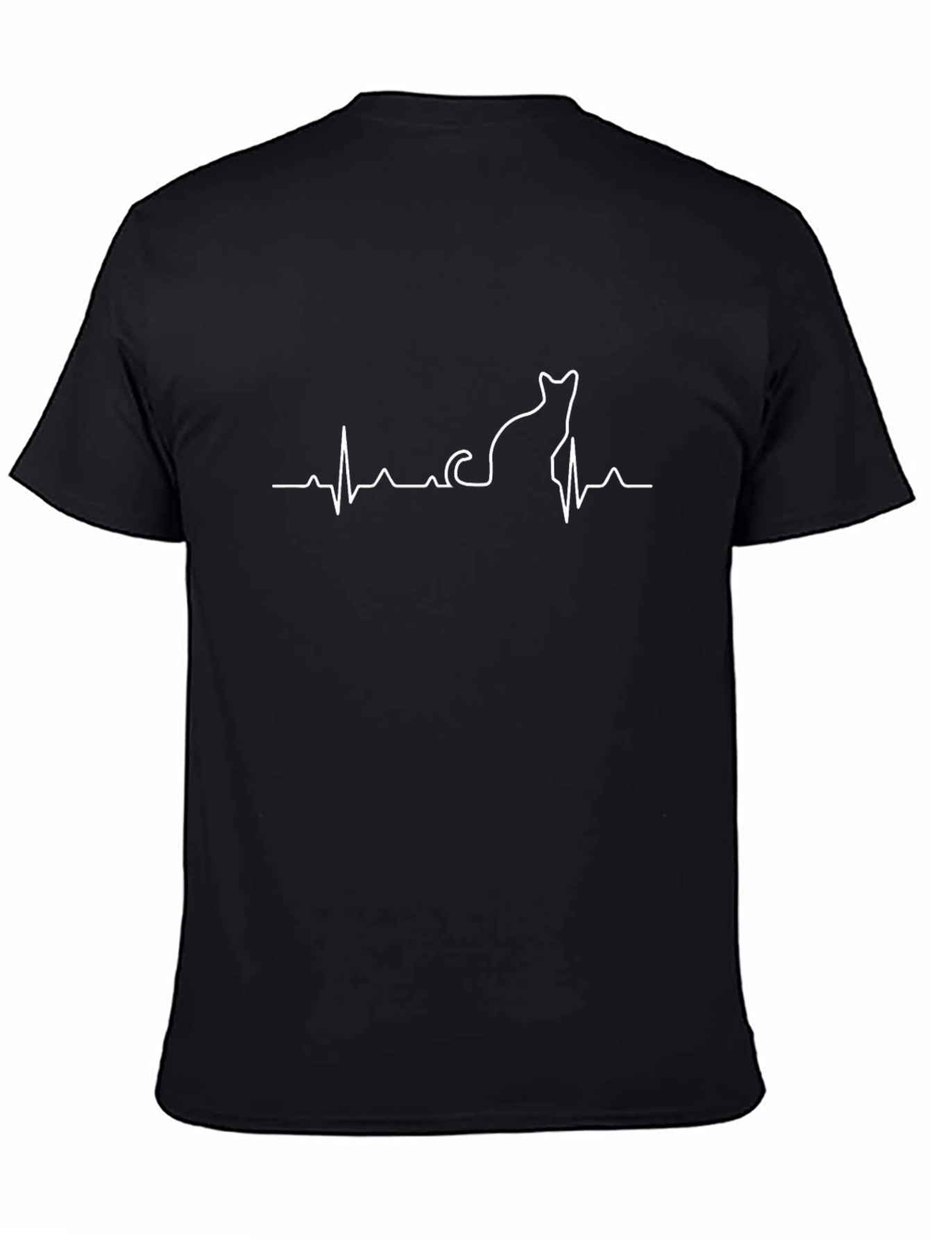 Cat Heartbeat Line Art Black T-Shirt