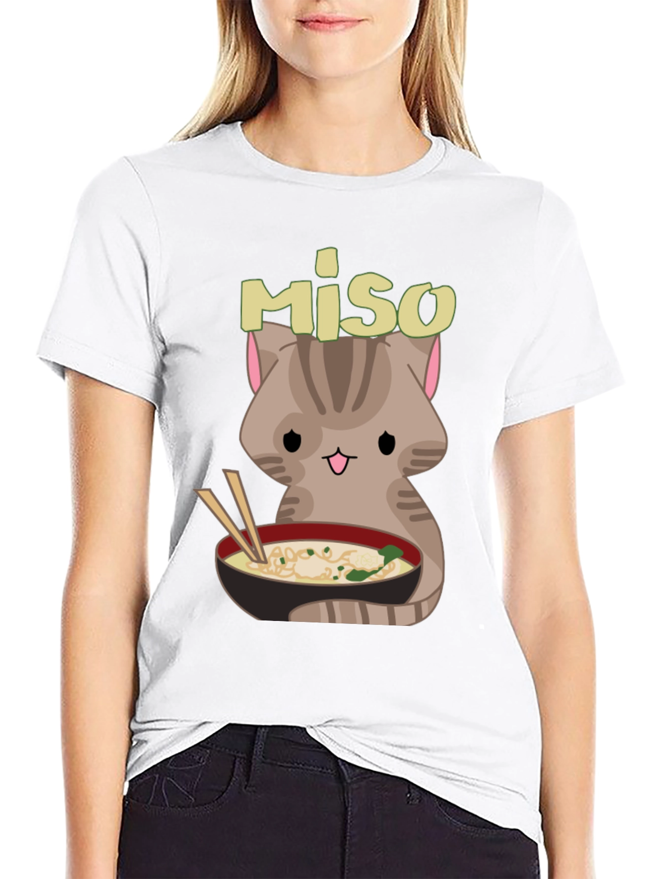 Miso Cute Cat Ramen Bowl Black T-Shirt