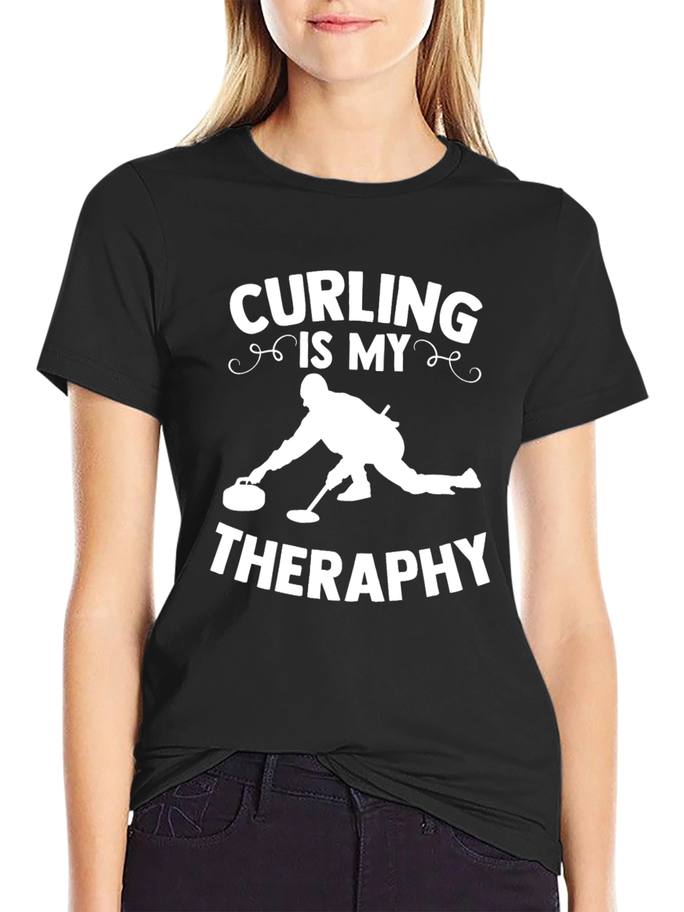 Curling Is My Therapy Black T-Shirt
