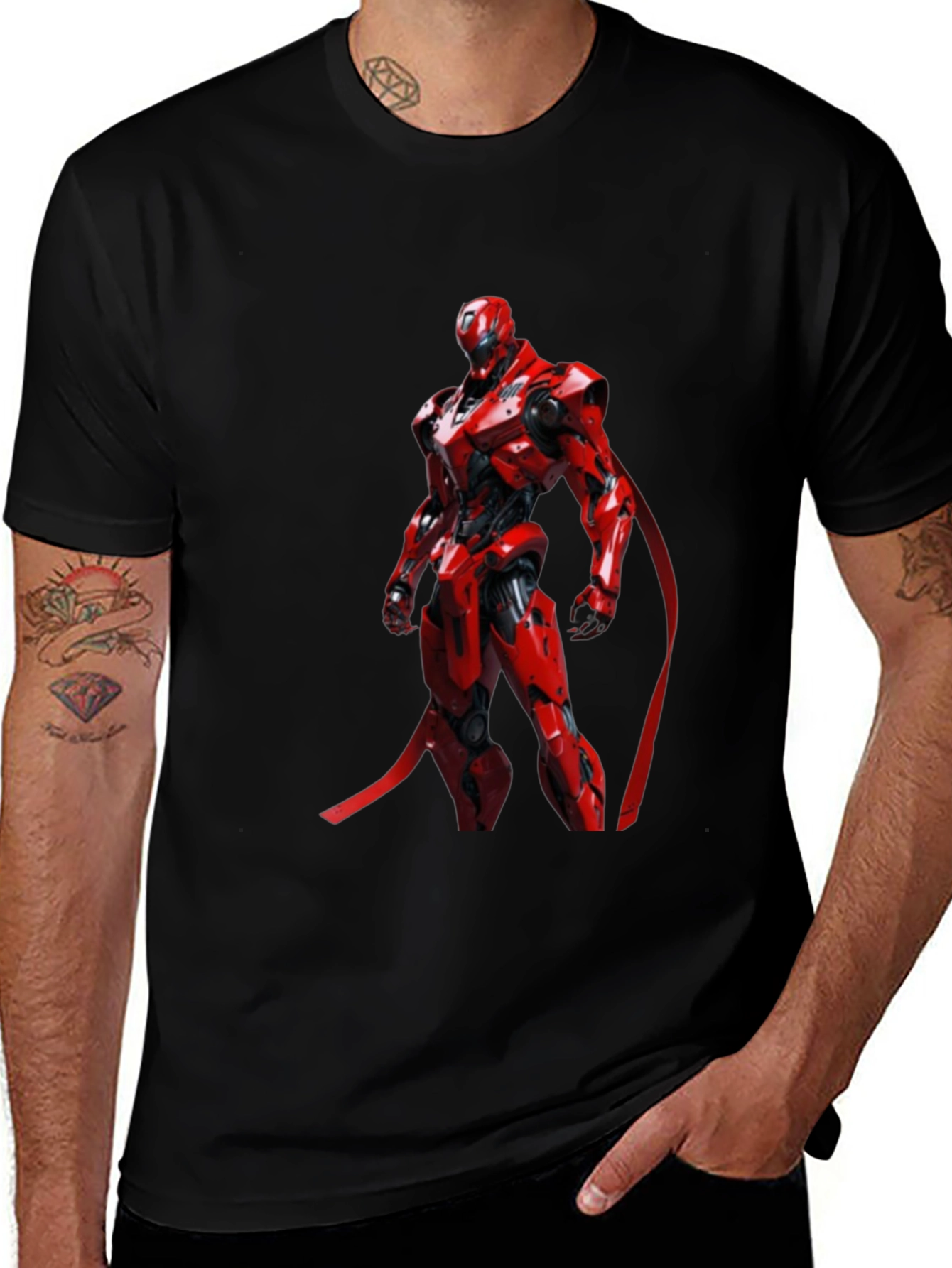 Red Robot Graphic Print Black T-Shirt