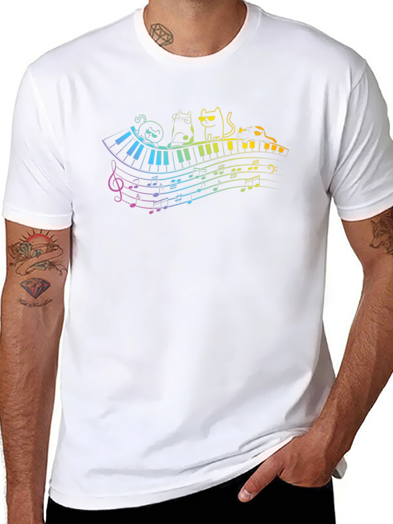 Cat Piano Music Rainbow T-Shirt
