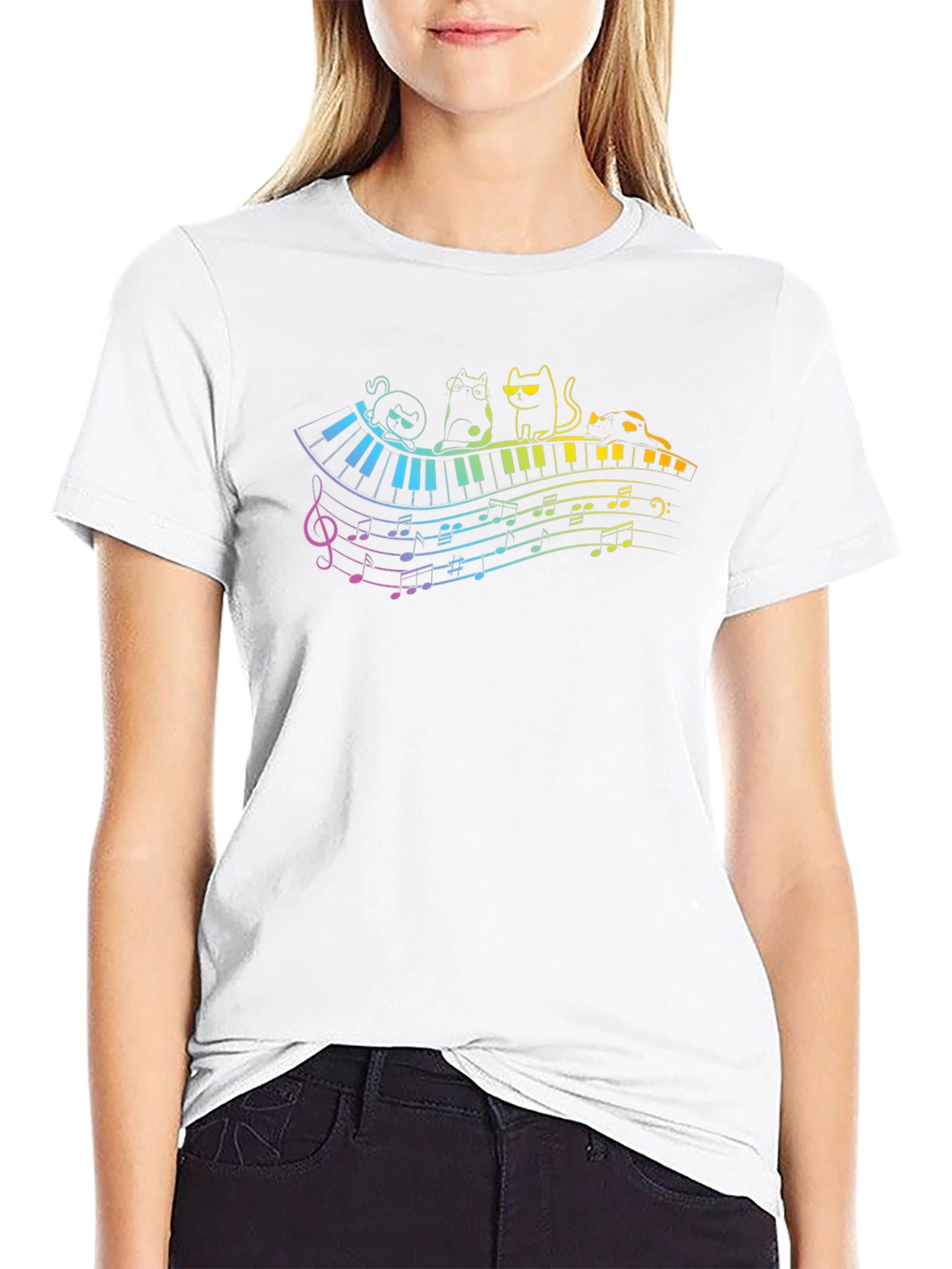 Cat Piano Music Rainbow T-Shirt