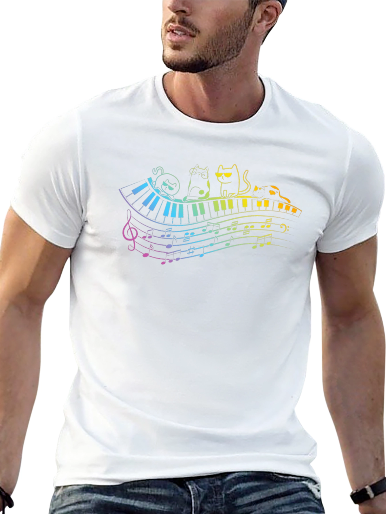 Cat Piano Music Rainbow T-Shirt