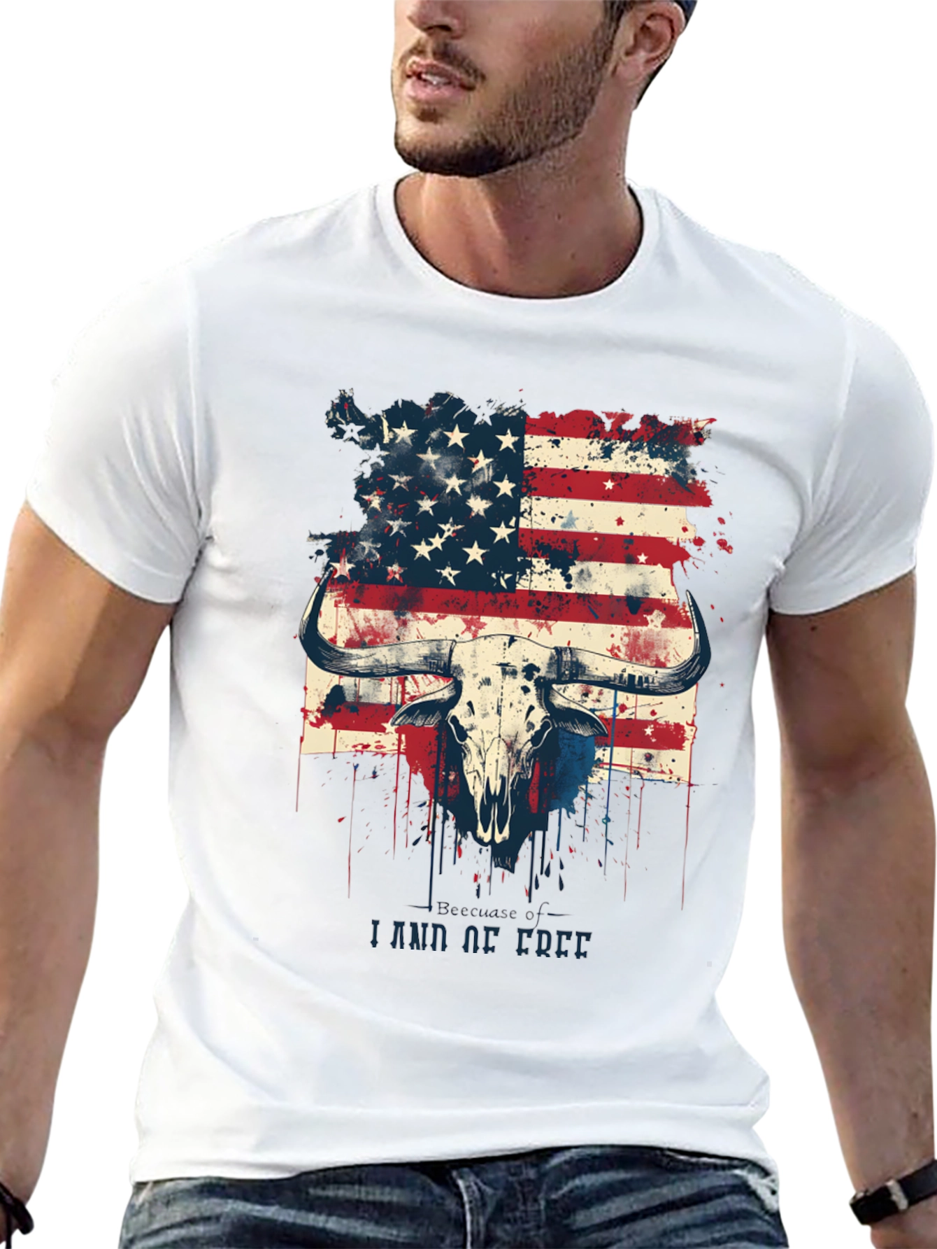 American Flag Bull Skull Graphic T-Shirt
