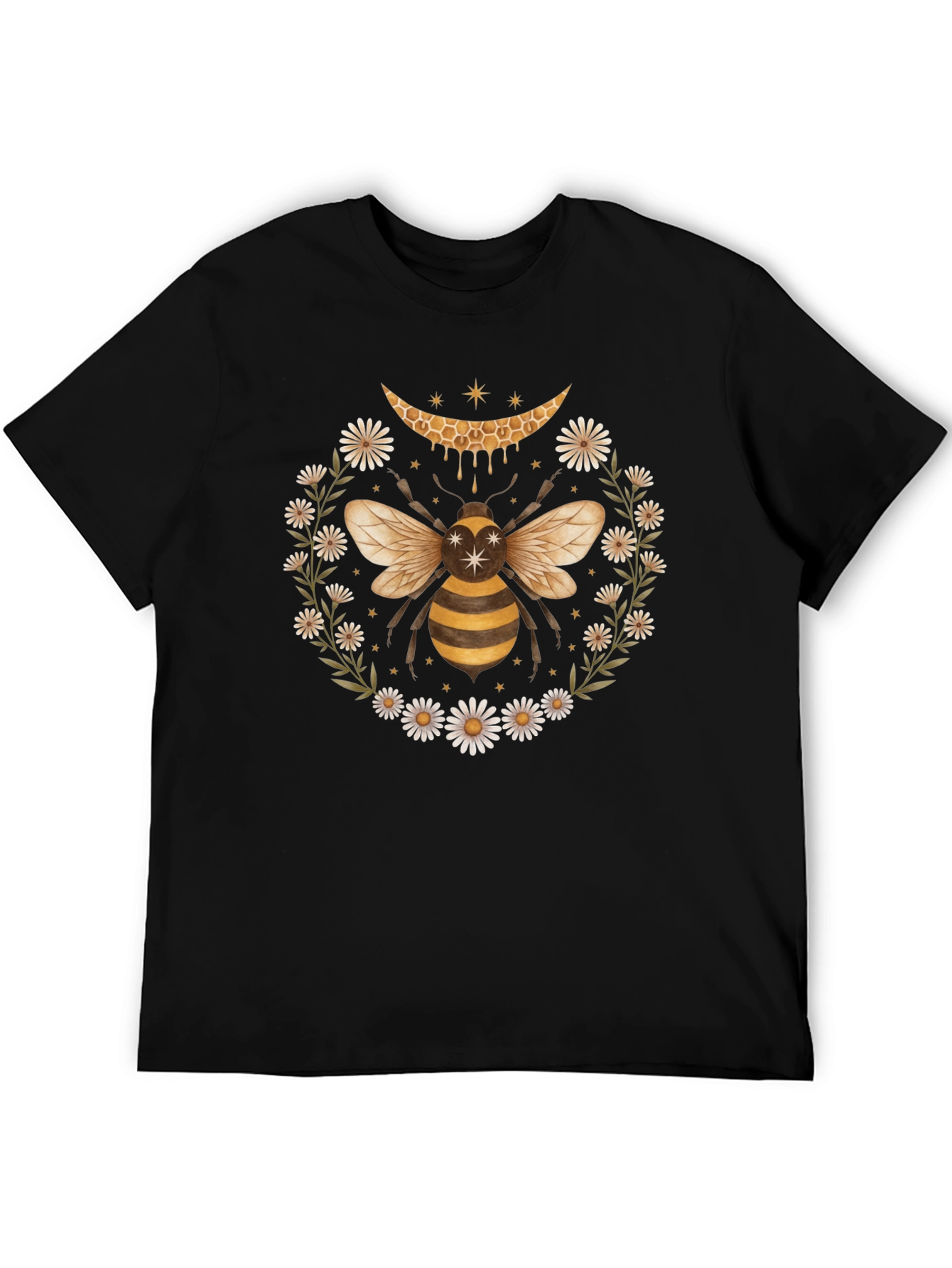 Honeycomb Bee Daisy Wreath Black Tee
