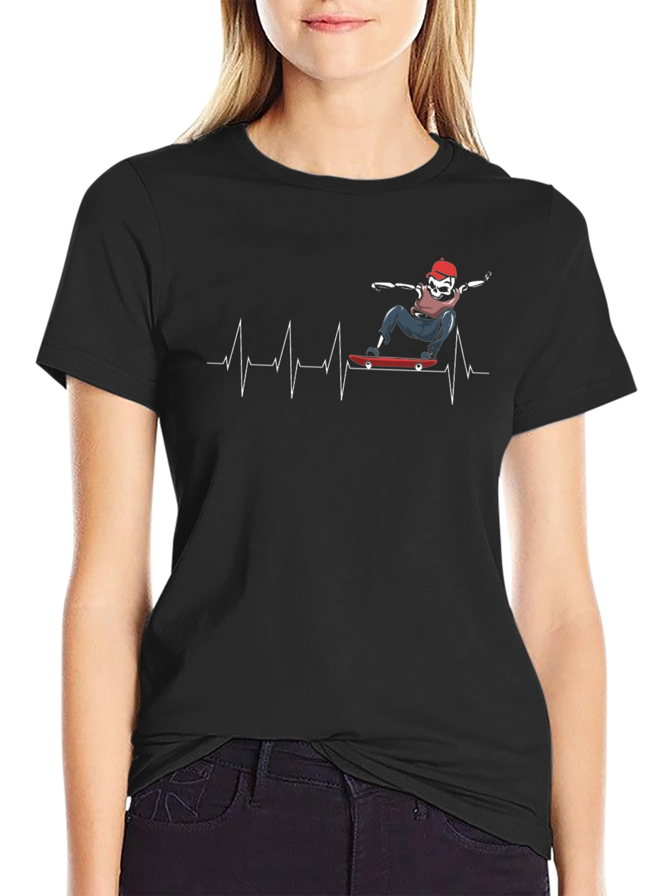 Skateboarding Skeleton Heartbeat Graphic Tee