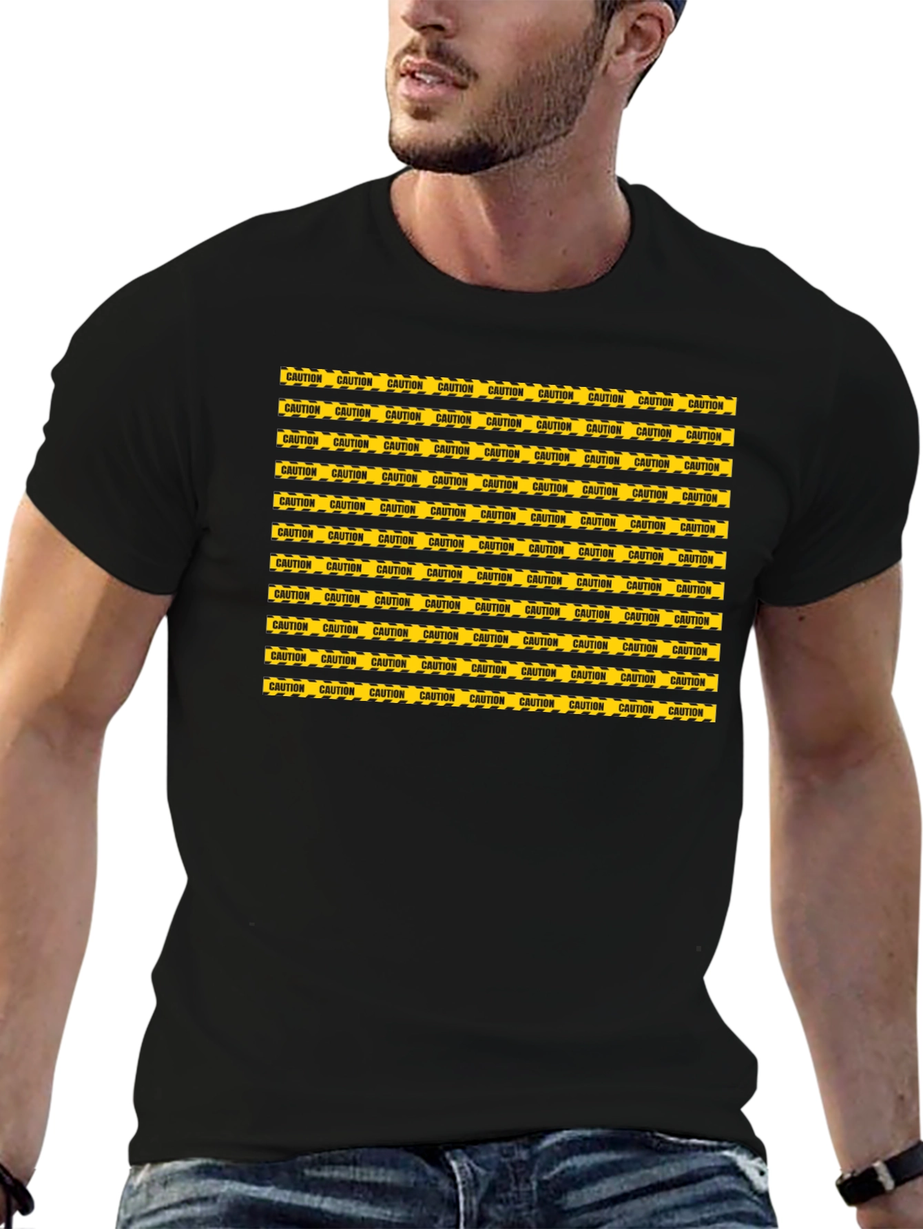 Caution Tape Pattern Graphic Tee - Black