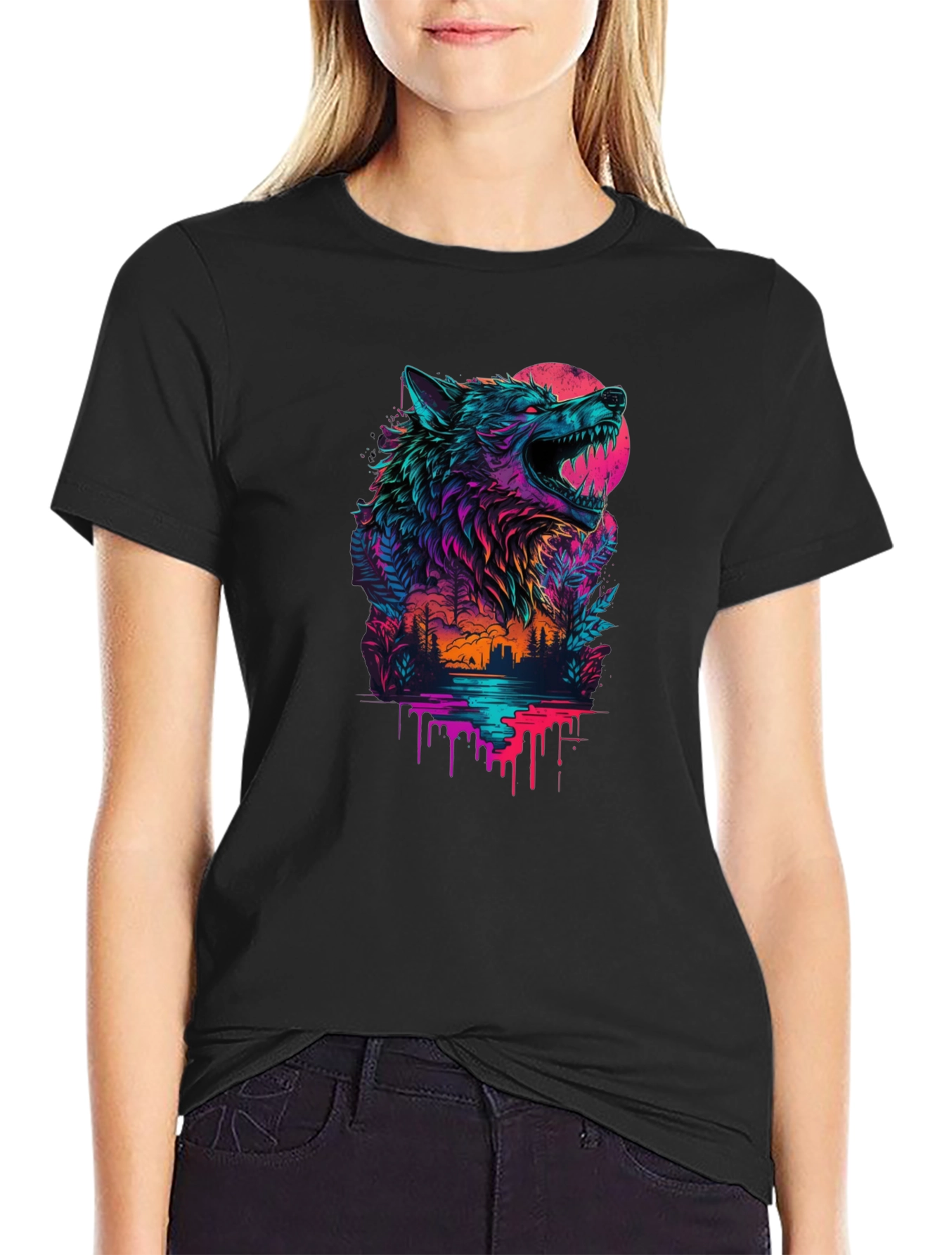 Neon Wolf Graphic Black T-Shirt