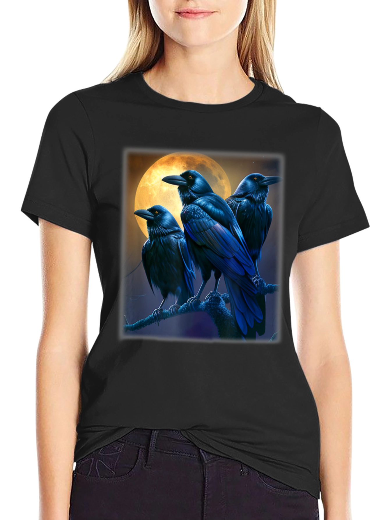 Raven Moon Graphic Tee - Black Cotton T-Shirt