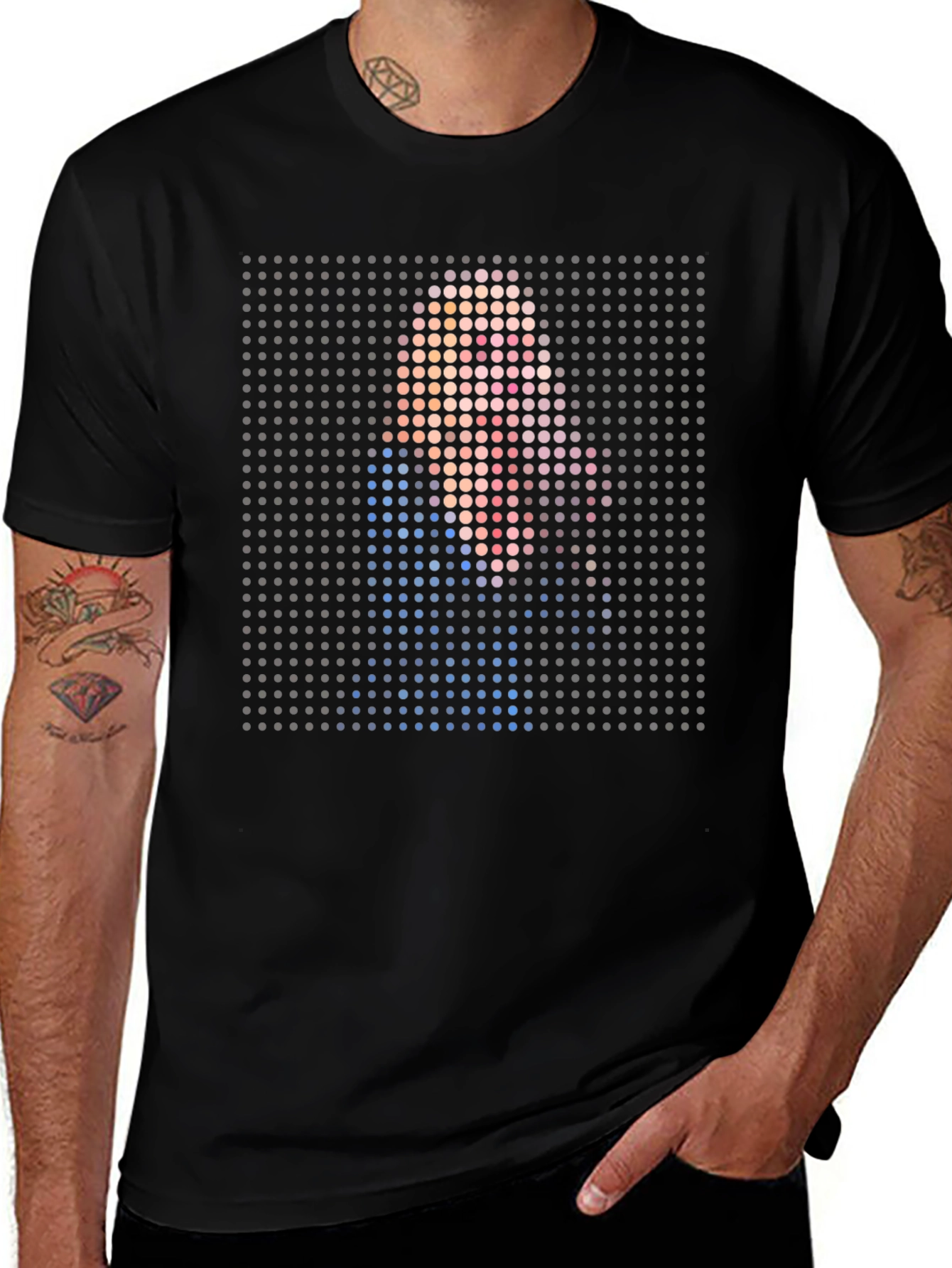 Pixelated Portrait Graphic Print Black T-Shirt