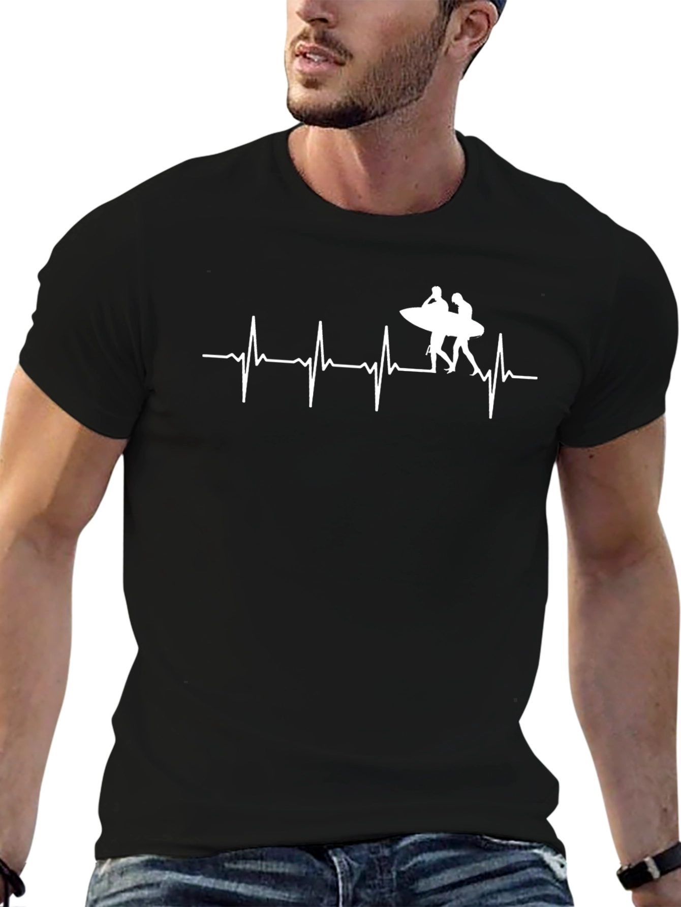 Surfing Heartbeat Tee - Black Cotton Graphic T-Shirt