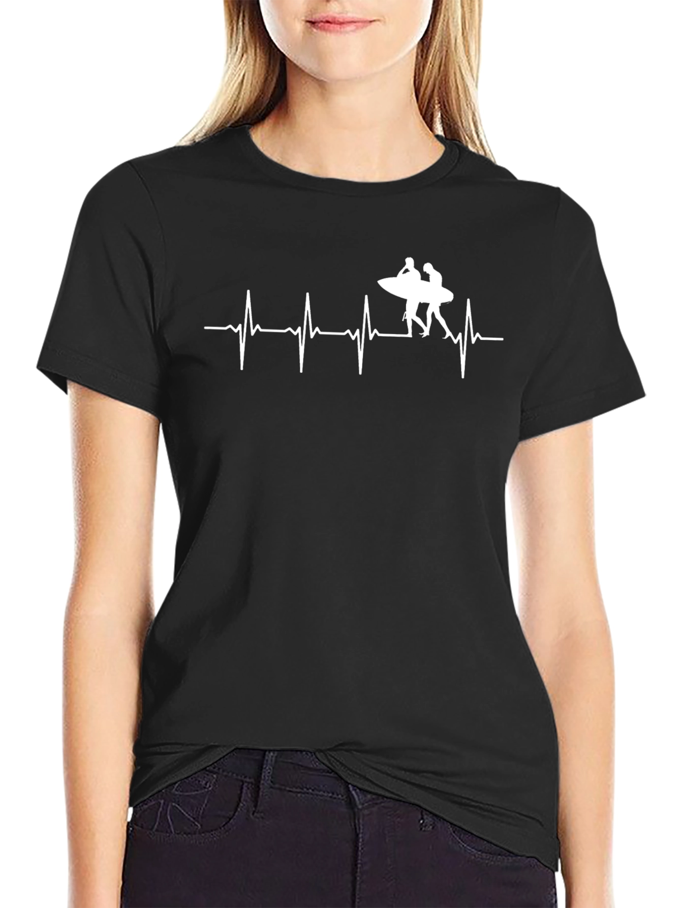 Surfing Heartbeat Tee - Black Cotton Graphic T-Shirt