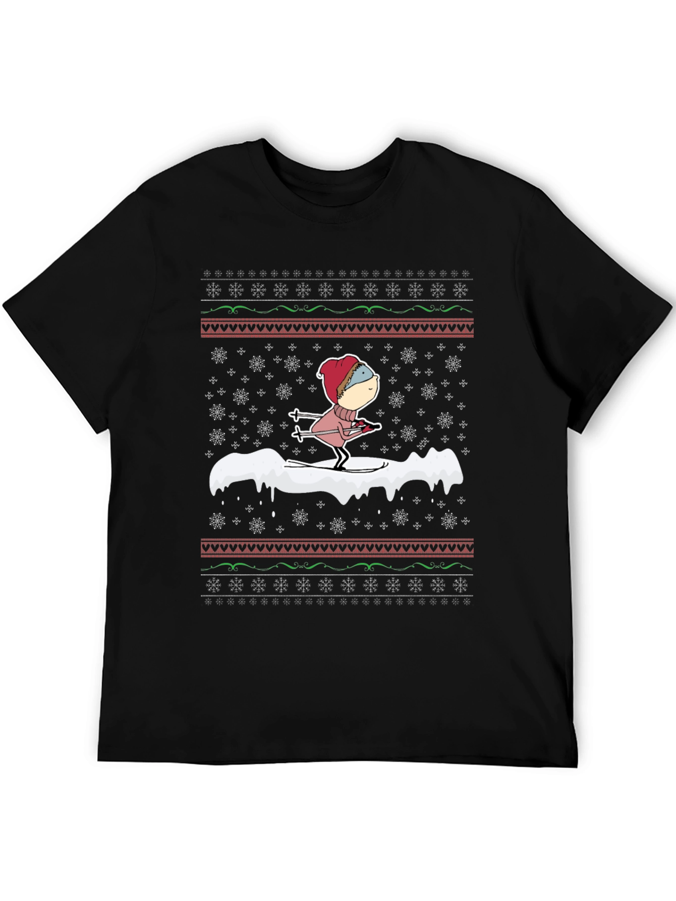 Skiing Cartoon Ugly Christmas T-Shirt
