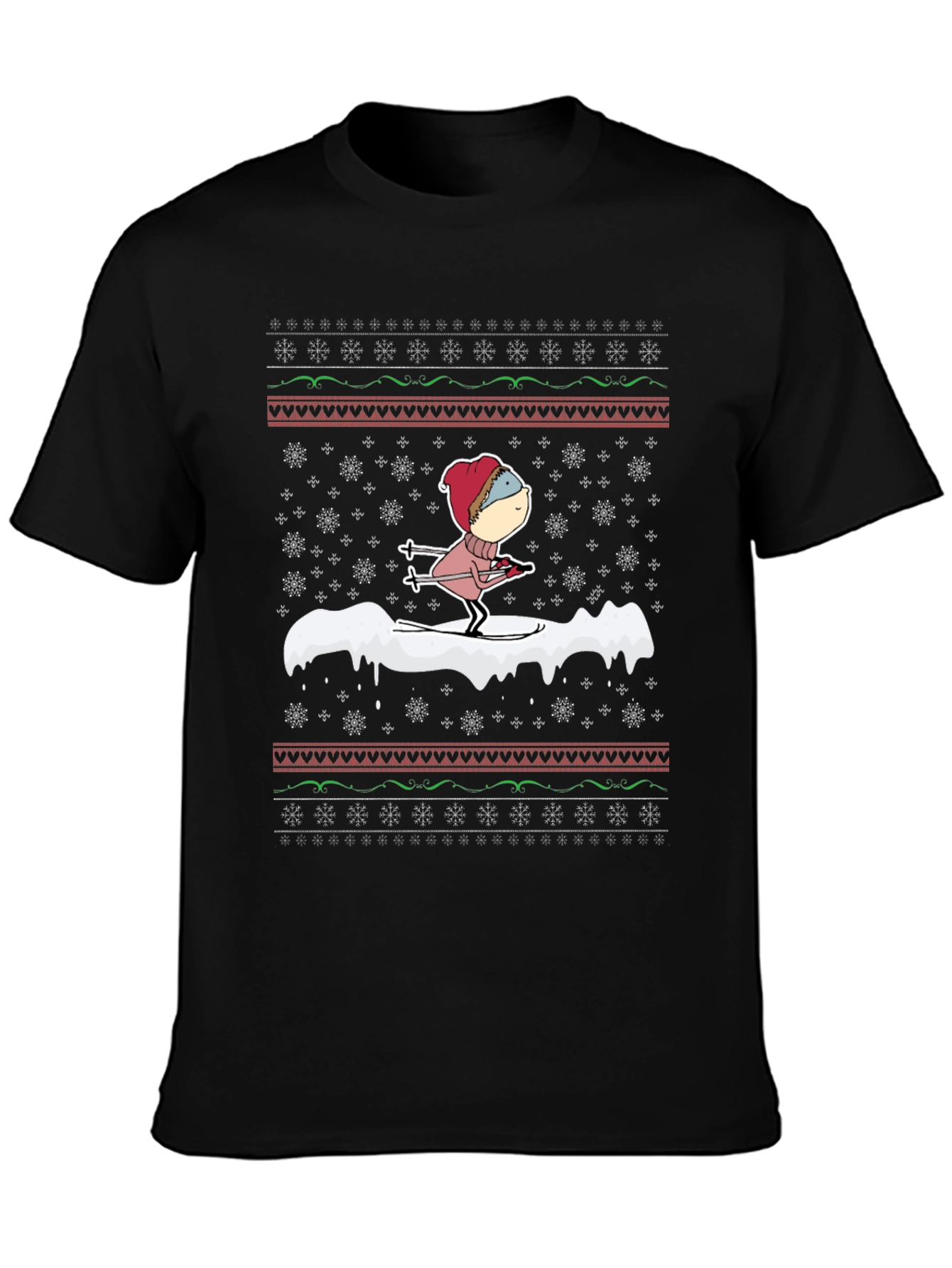 Skiing Cartoon Ugly Christmas T-Shirt