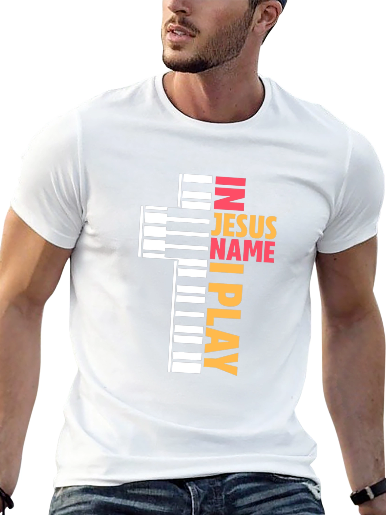 In Jesus Name I Play - Piano Cross T-Shirt