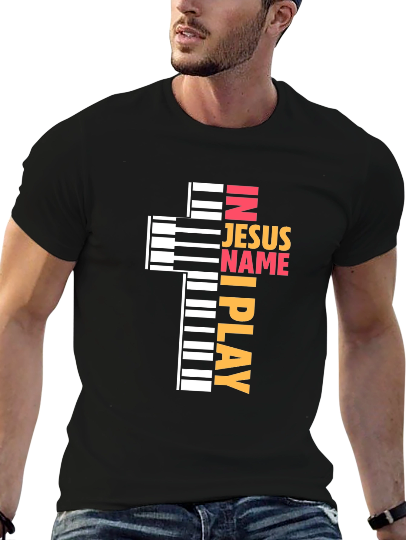 In Jesus Name I Play - Piano Cross T-Shirt