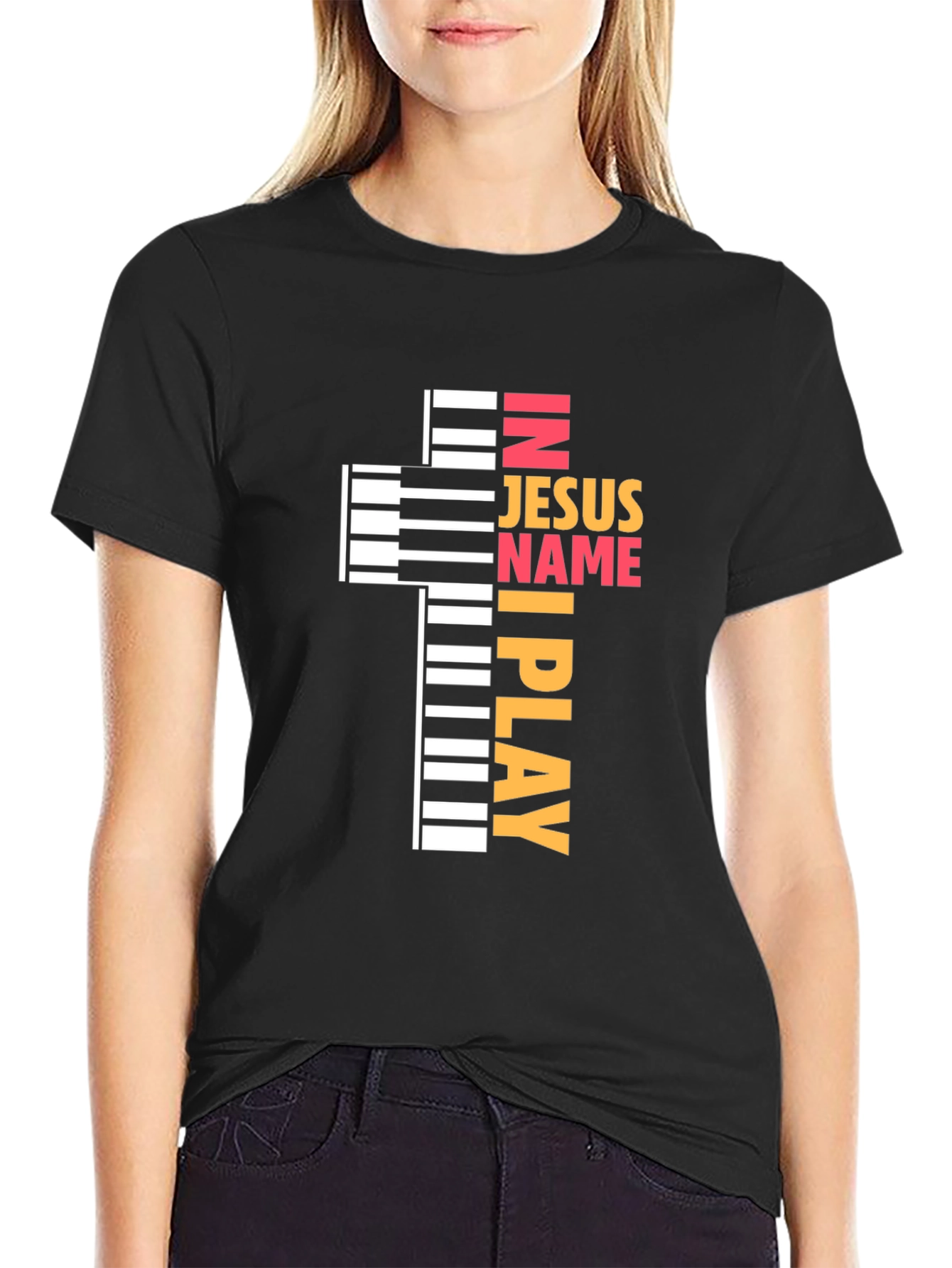 In Jesus Name I Play - Piano Cross T-Shirt