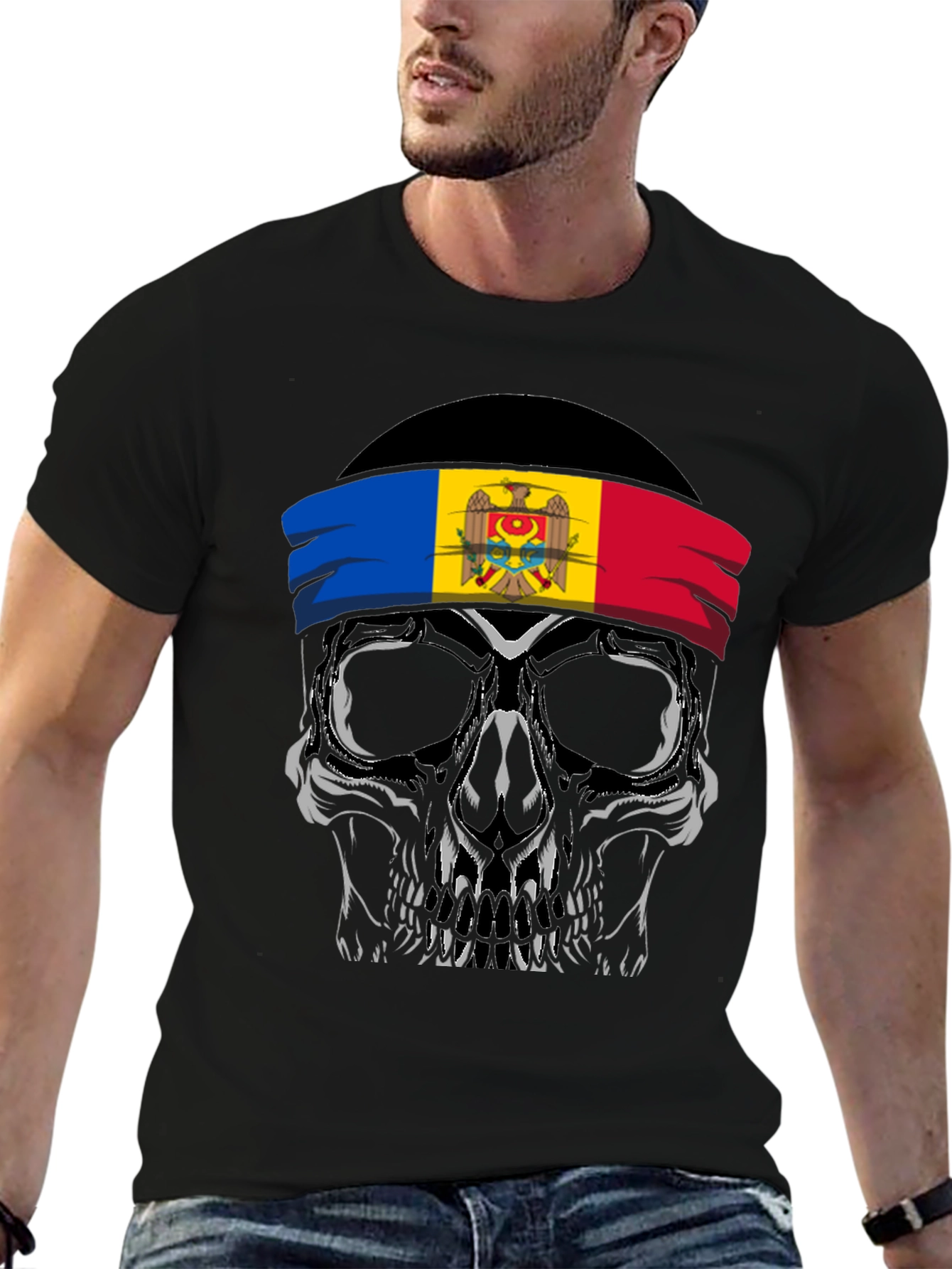 Skull T-Shirt: Moldova Flag Headband Design