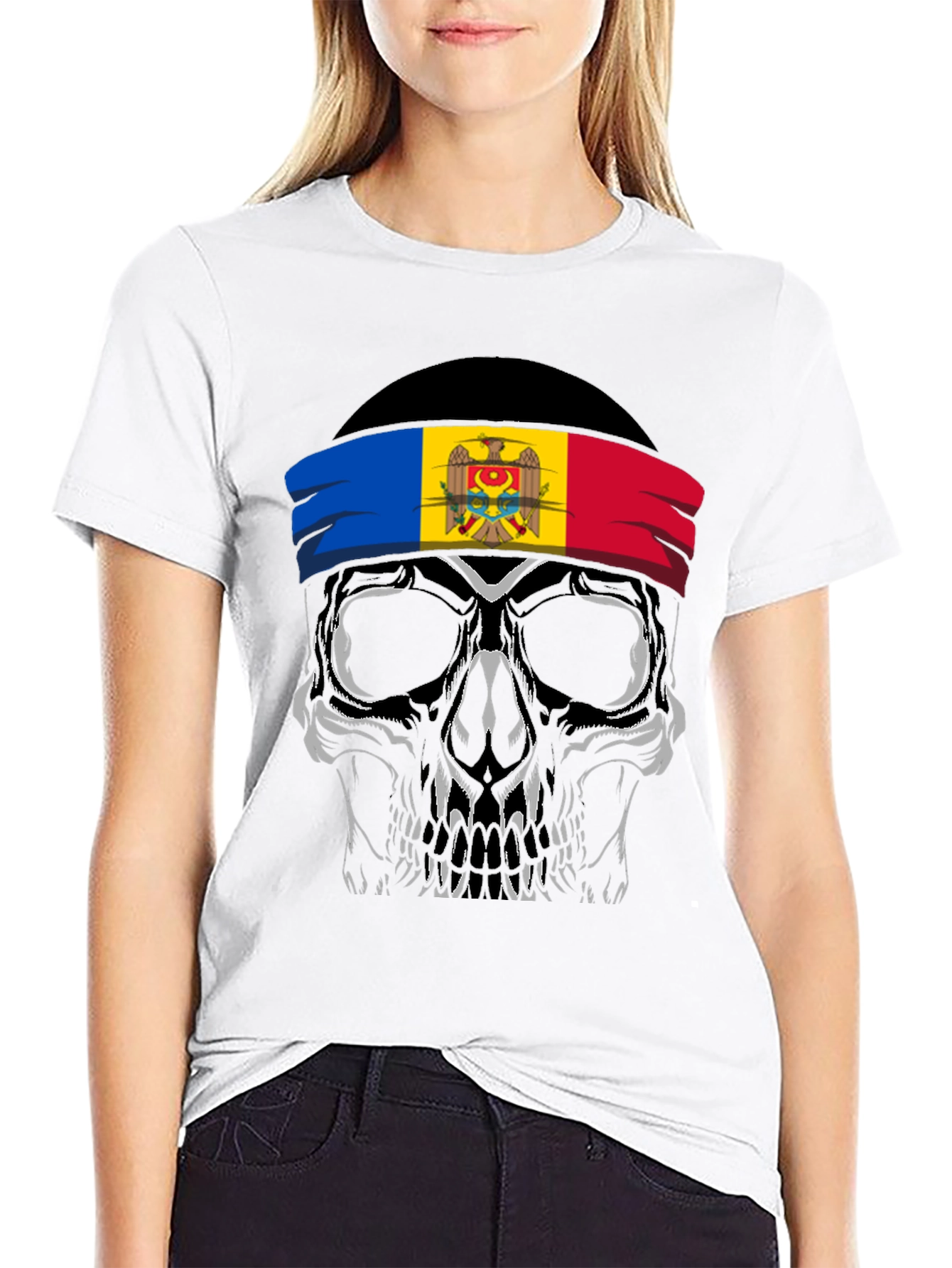 Skull T-Shirt: Moldova Flag Headband Design