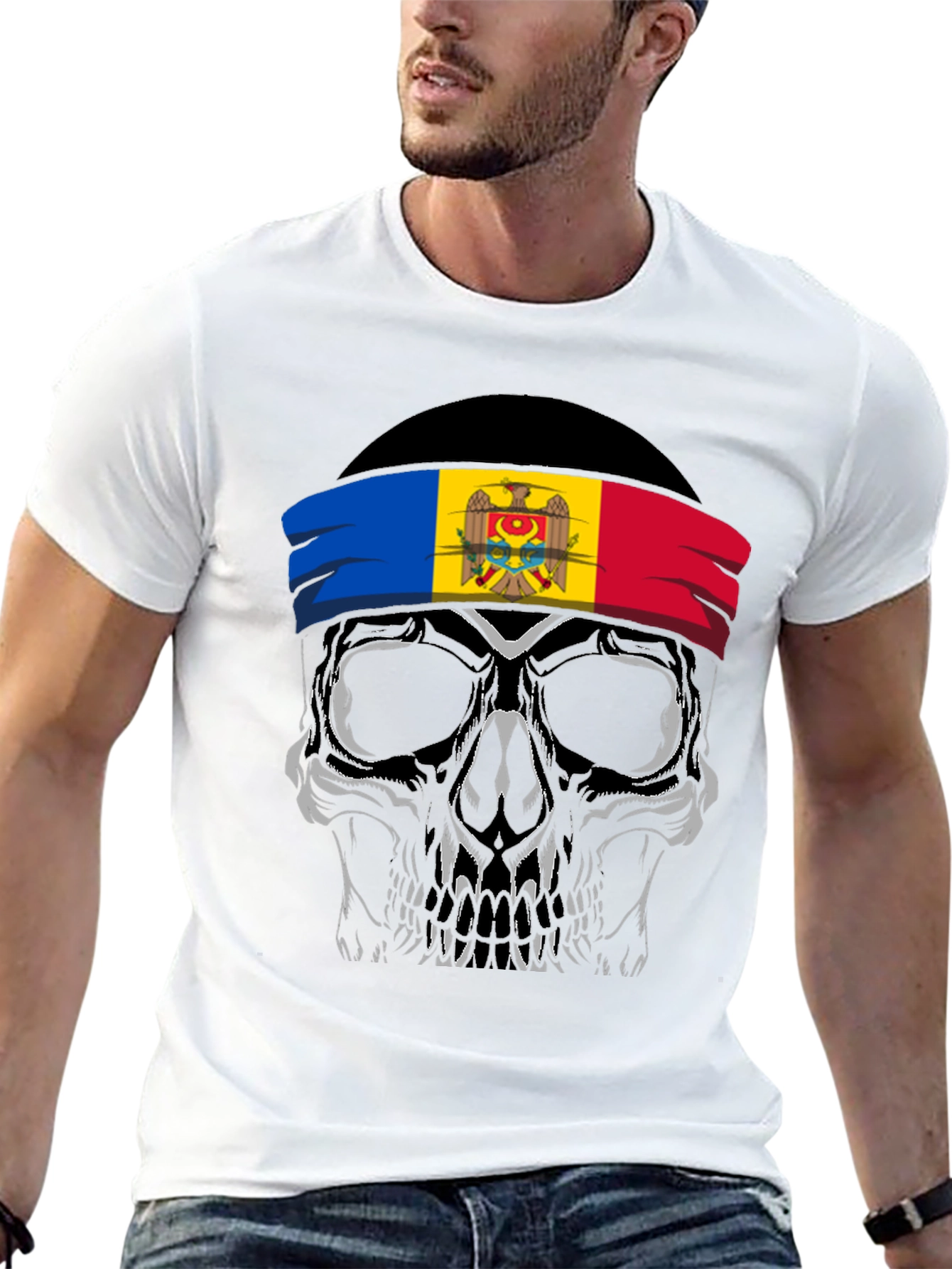 Skull T-Shirt: Moldova Flag Headband Design