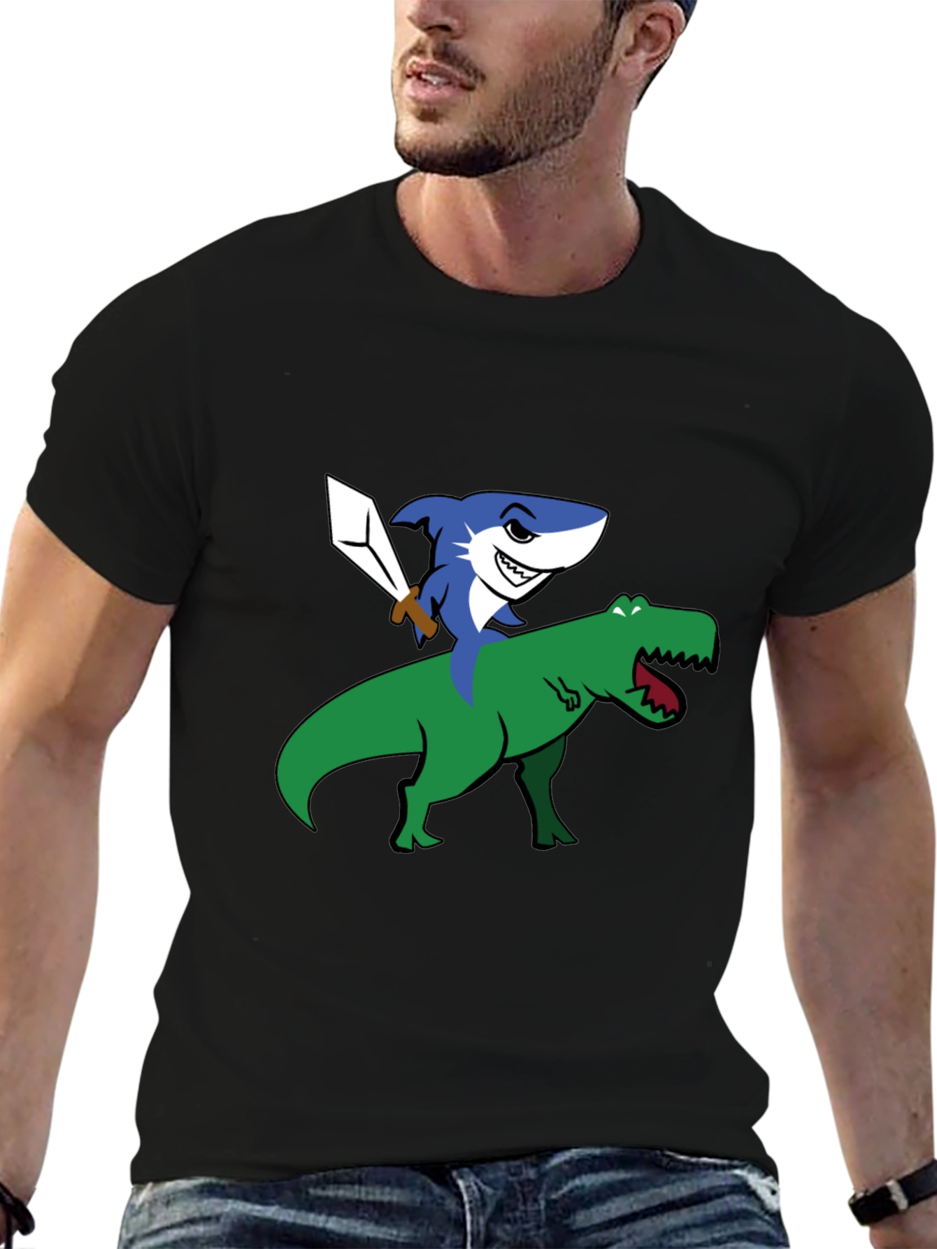 Shark Riding Dinosaur Funny Graphic T-Shirt