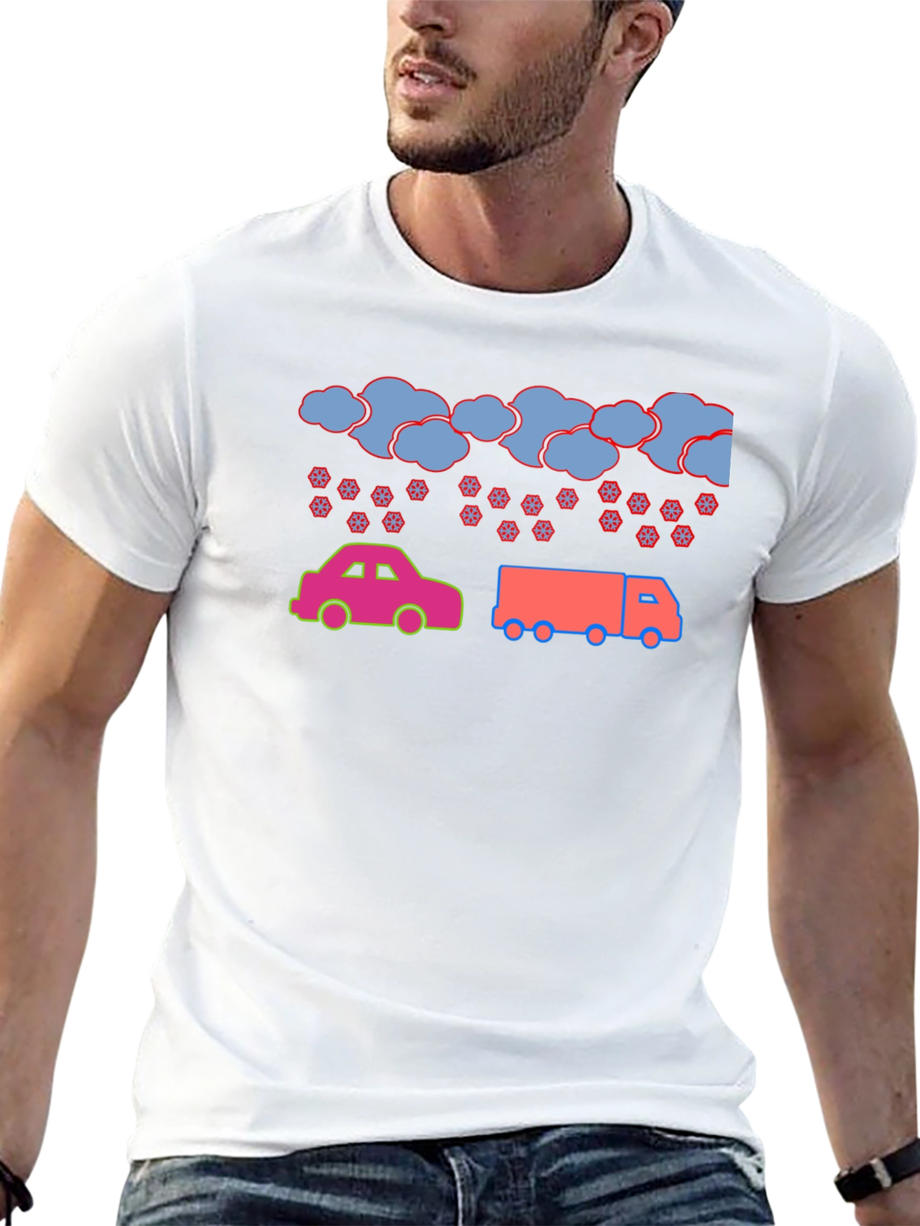 Cartoon Car & Truck Snow Day Black T-Shirt