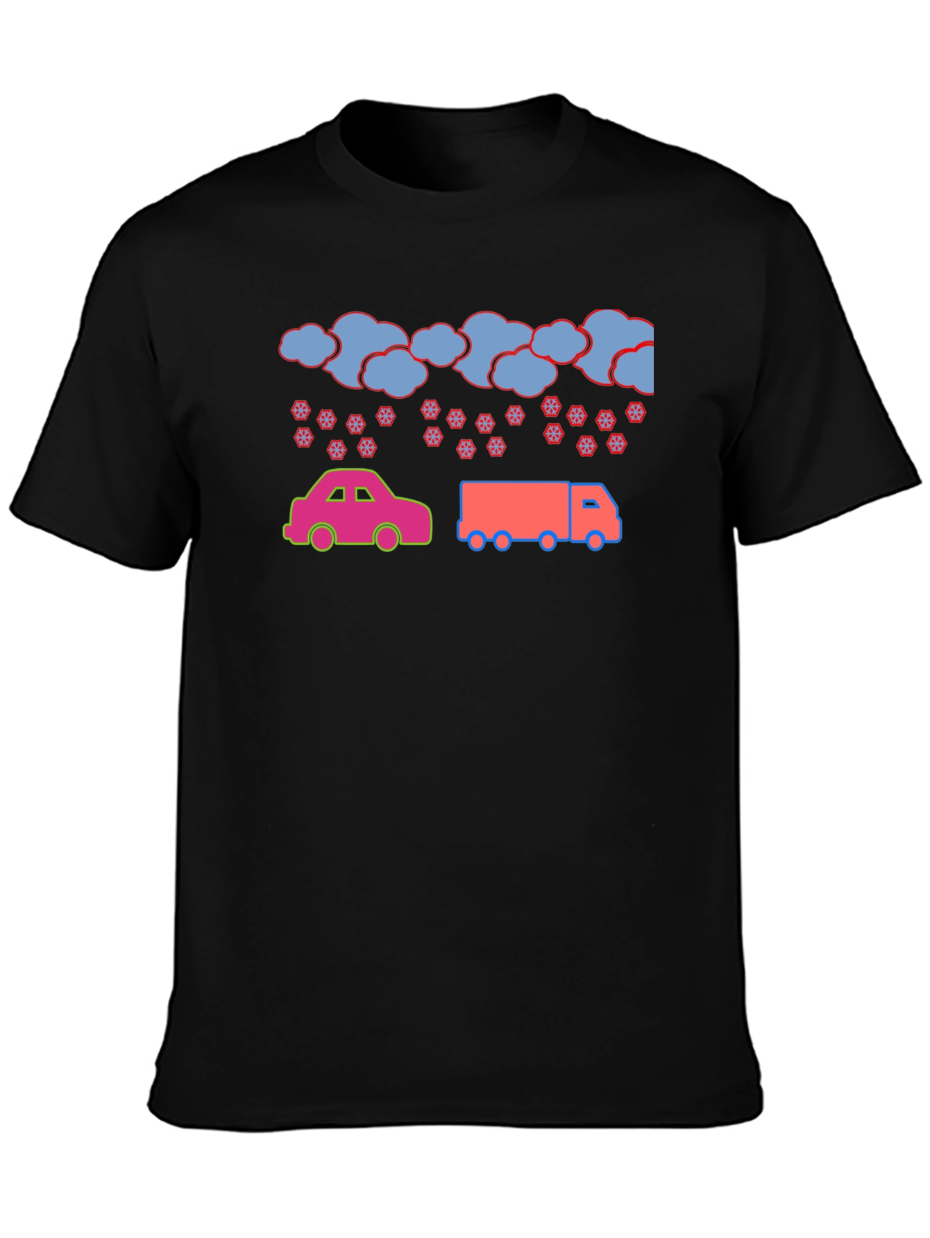 Cartoon Car & Truck Snow Day Black T-Shirt