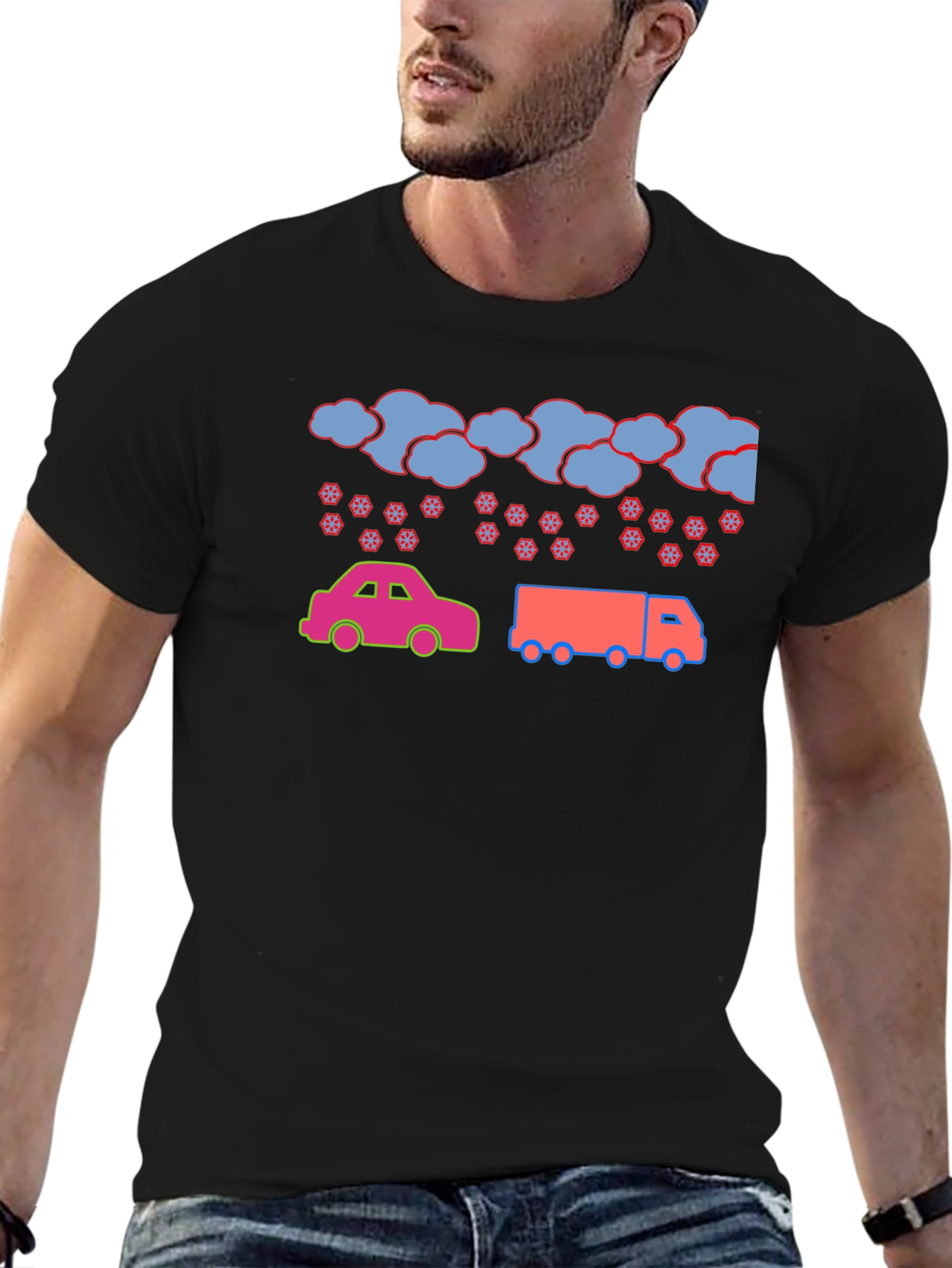 Cartoon Car & Truck Snow Day Black T-Shirt