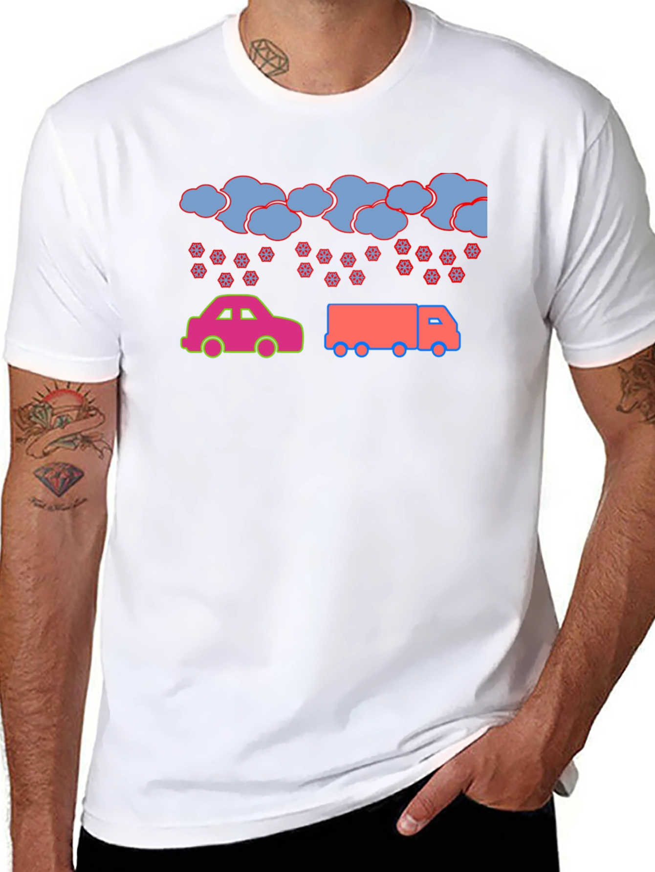Cartoon Car & Truck Snow Day Black T-Shirt