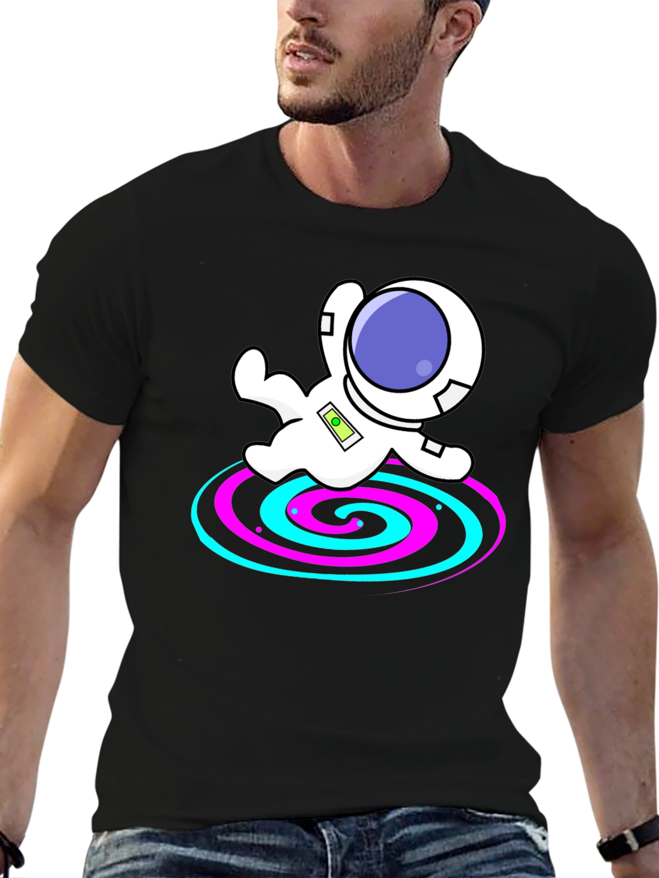Astronaut Spiral Graphic Tee - Black Cotton Blend