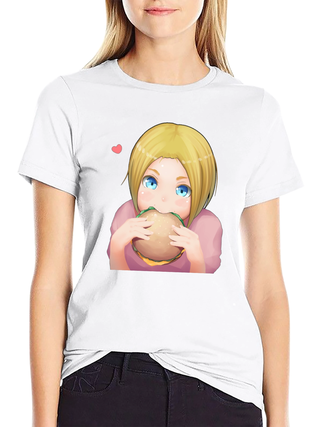 Anime Girl Eating Burger Graphic T-Shirt - Black