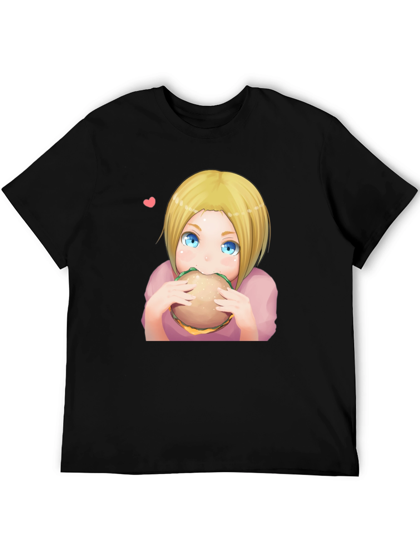 Anime Girl Eating Burger Graphic T-Shirt - Black