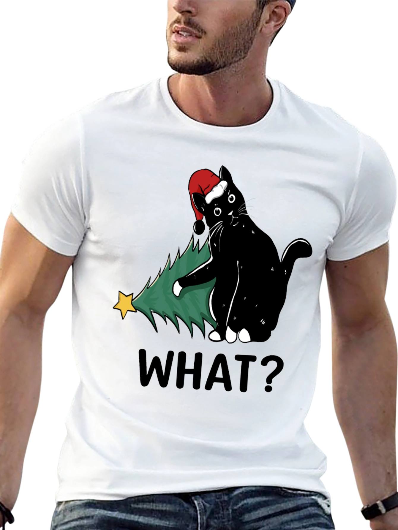 Funny Black Cat Christmas Tree What? T-Shirt