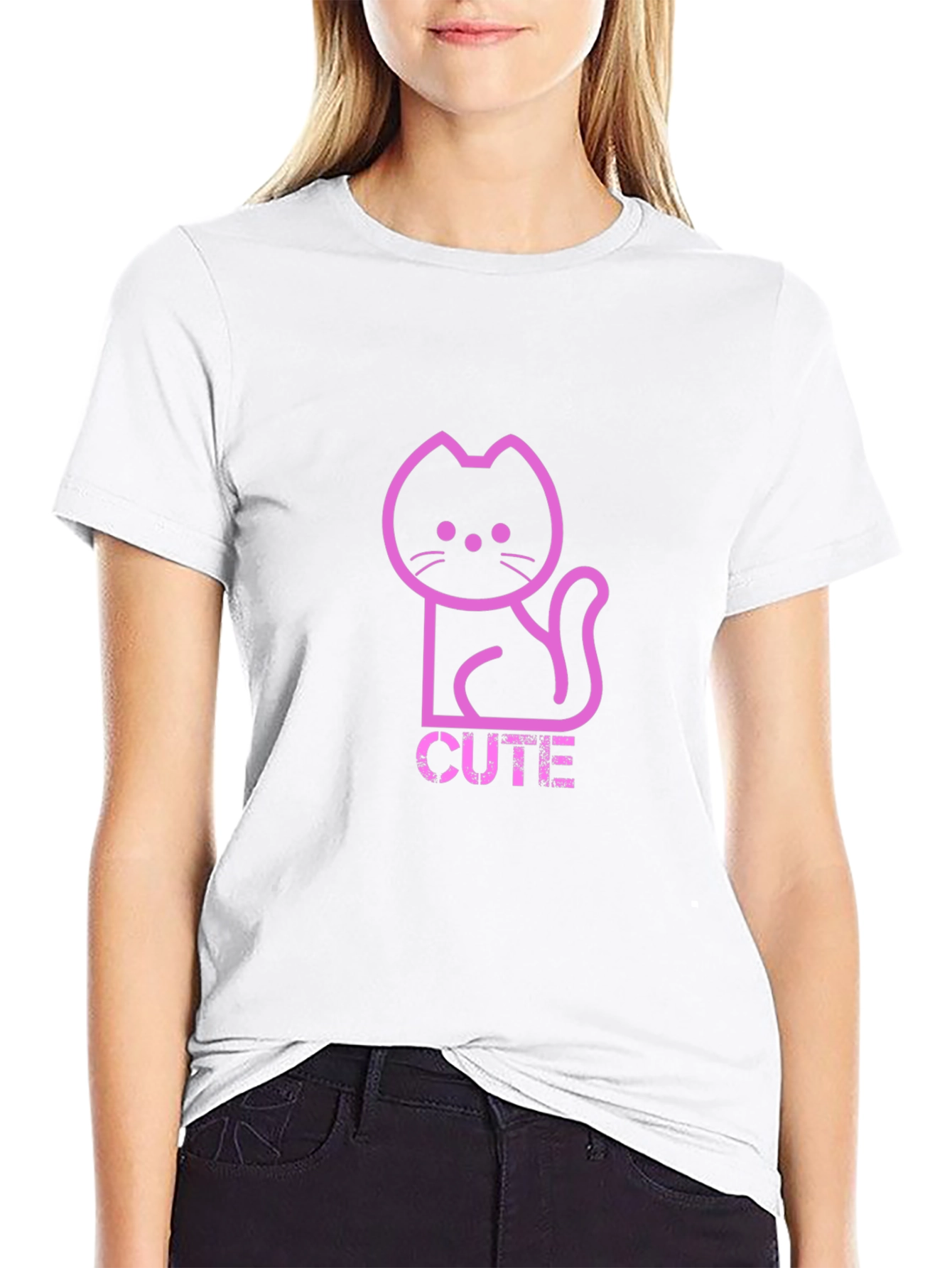 Cute Pink Cat Graphic T-Shirt - Trendy Black Tee