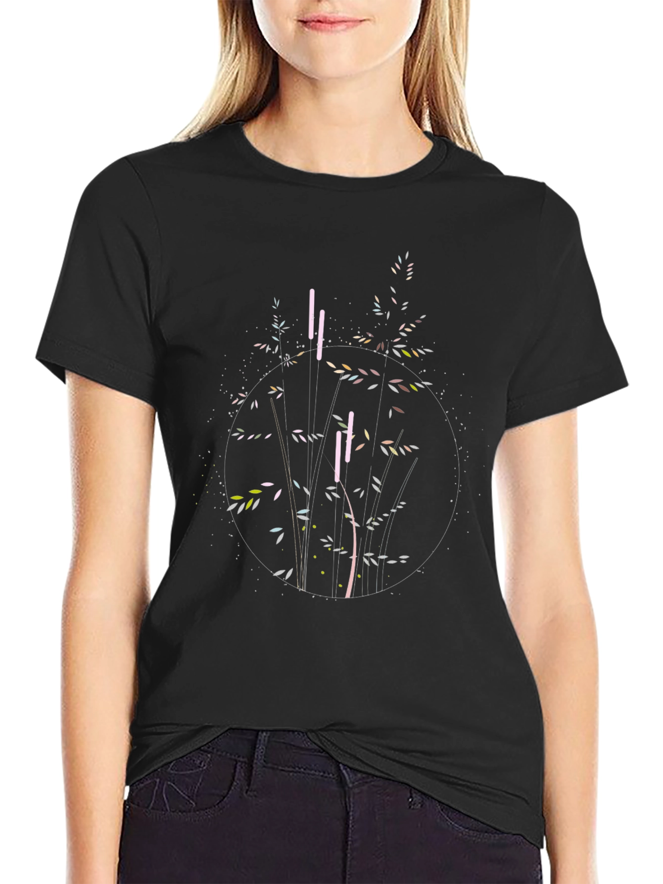 Stylish Black Graphic Tee - Abstract Plant Design