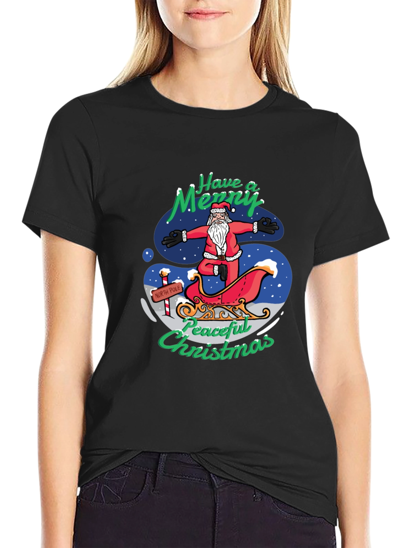 Peaceful Christmas Santa Yoga Black T-Shirt