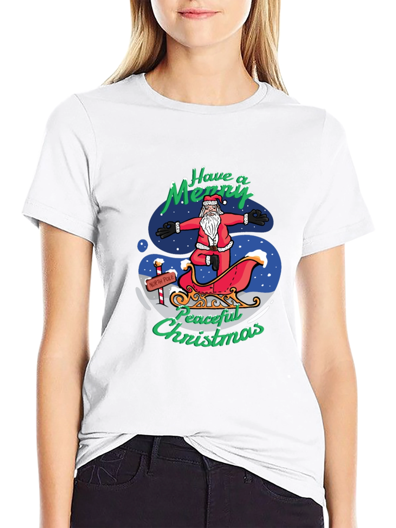 Peaceful Christmas Santa Yoga Black T-Shirt