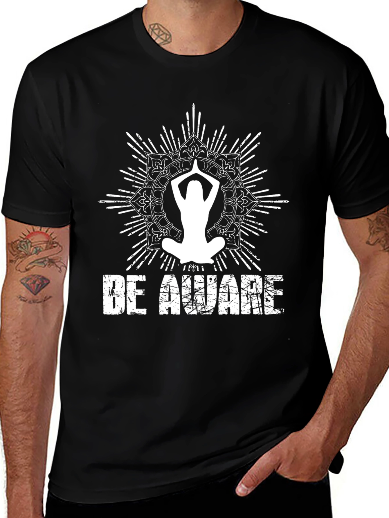 Be Aware Yoga Mandala T-Shirt - Black Graphic Tee