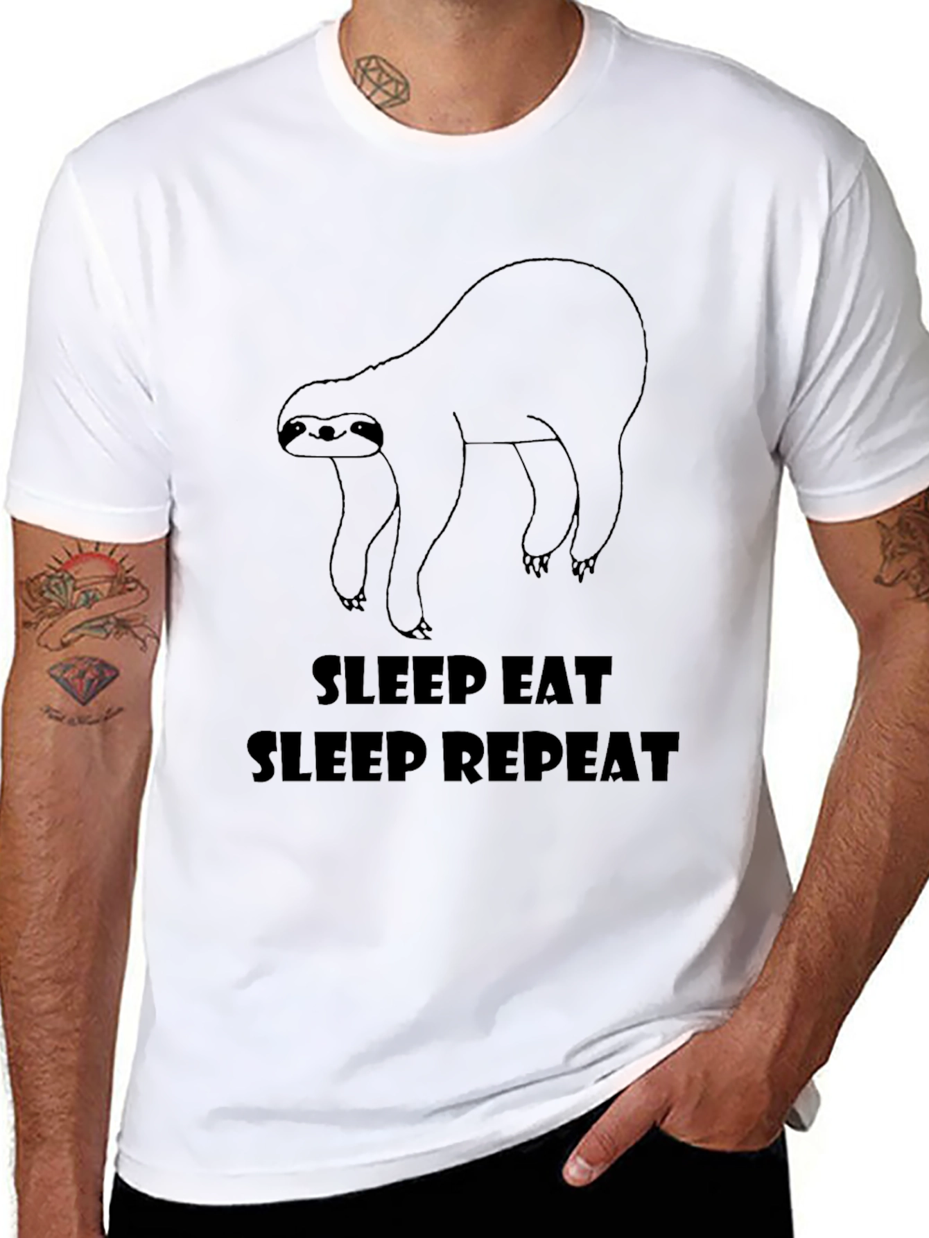 Sleep Eat Repeat Sloth Graphic Tee - Black