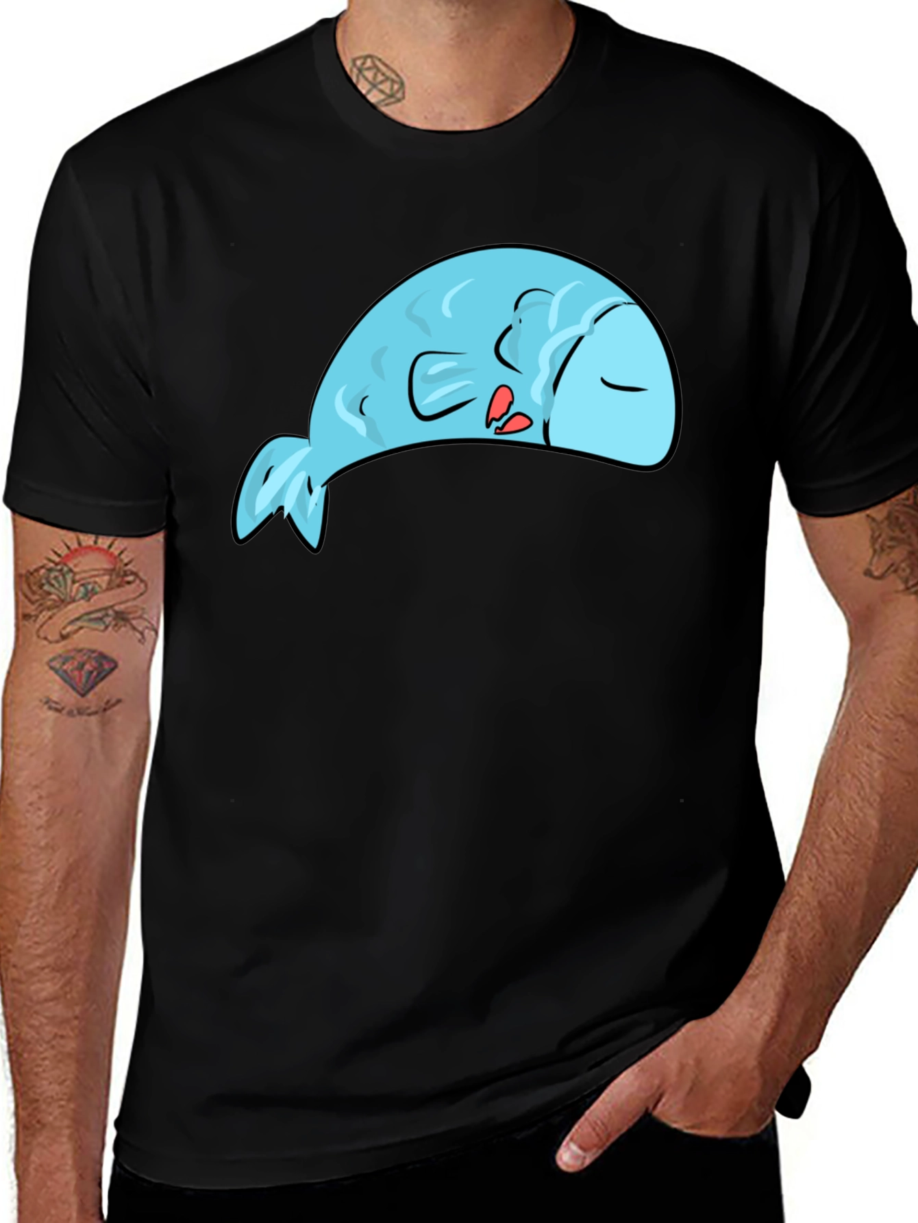 Sleeping Blue Fish Graphic Tee - Novelty T-Shirt