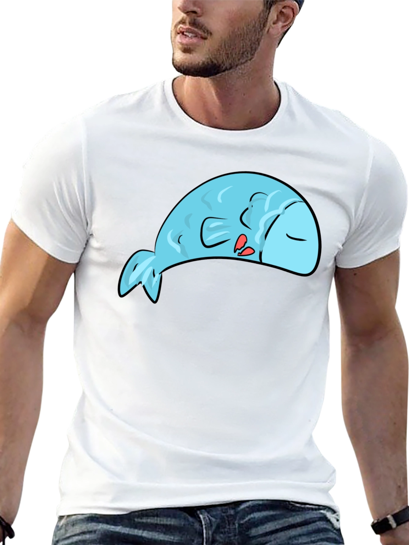 Sleeping Blue Fish Graphic Tee - Novelty T-Shirt