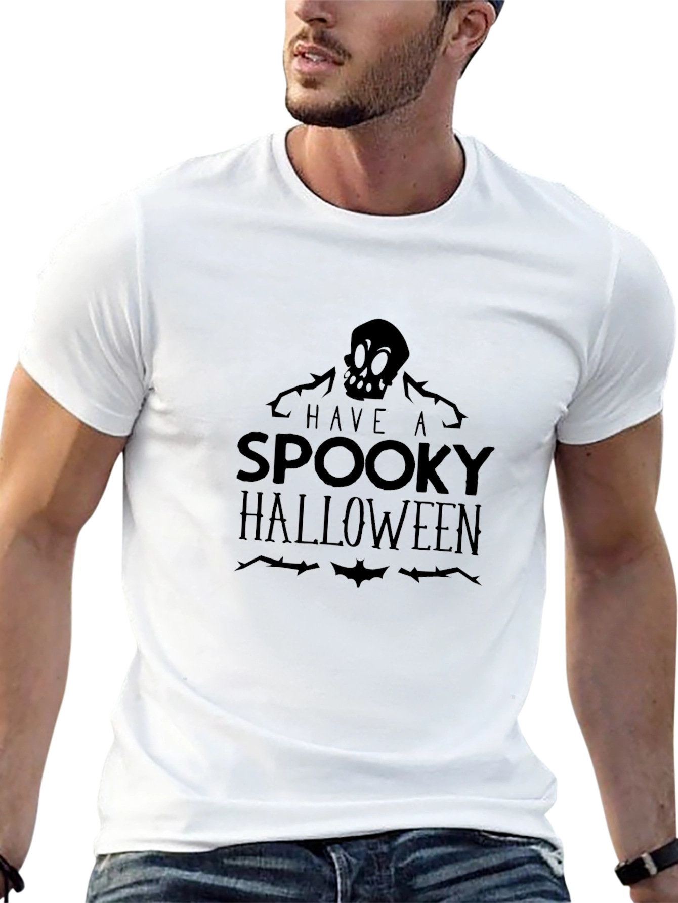 Spooky Halloween Graphic Tee - Skull and Bats