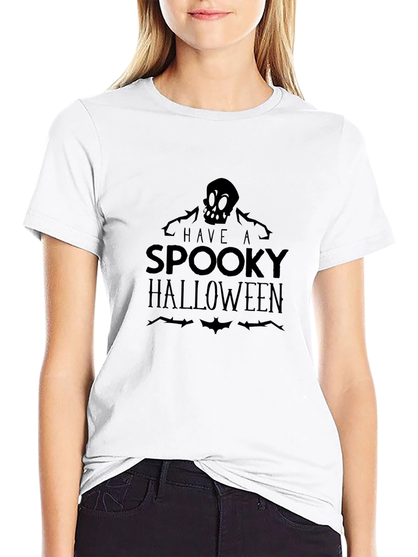 Spooky Halloween Graphic Tee - Skull and Bats