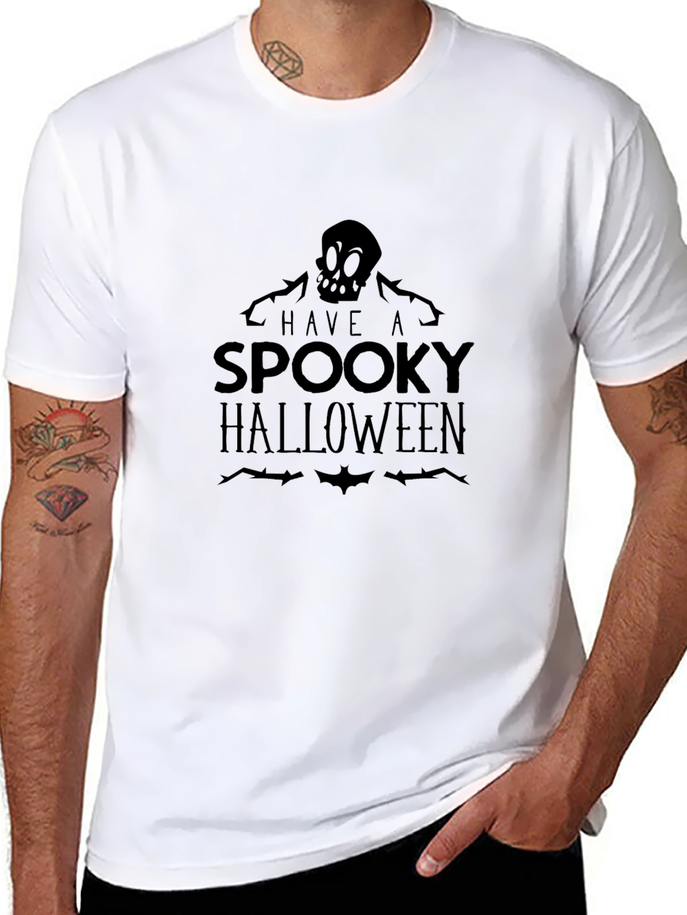 Spooky Halloween Graphic Tee - Skull and Bats