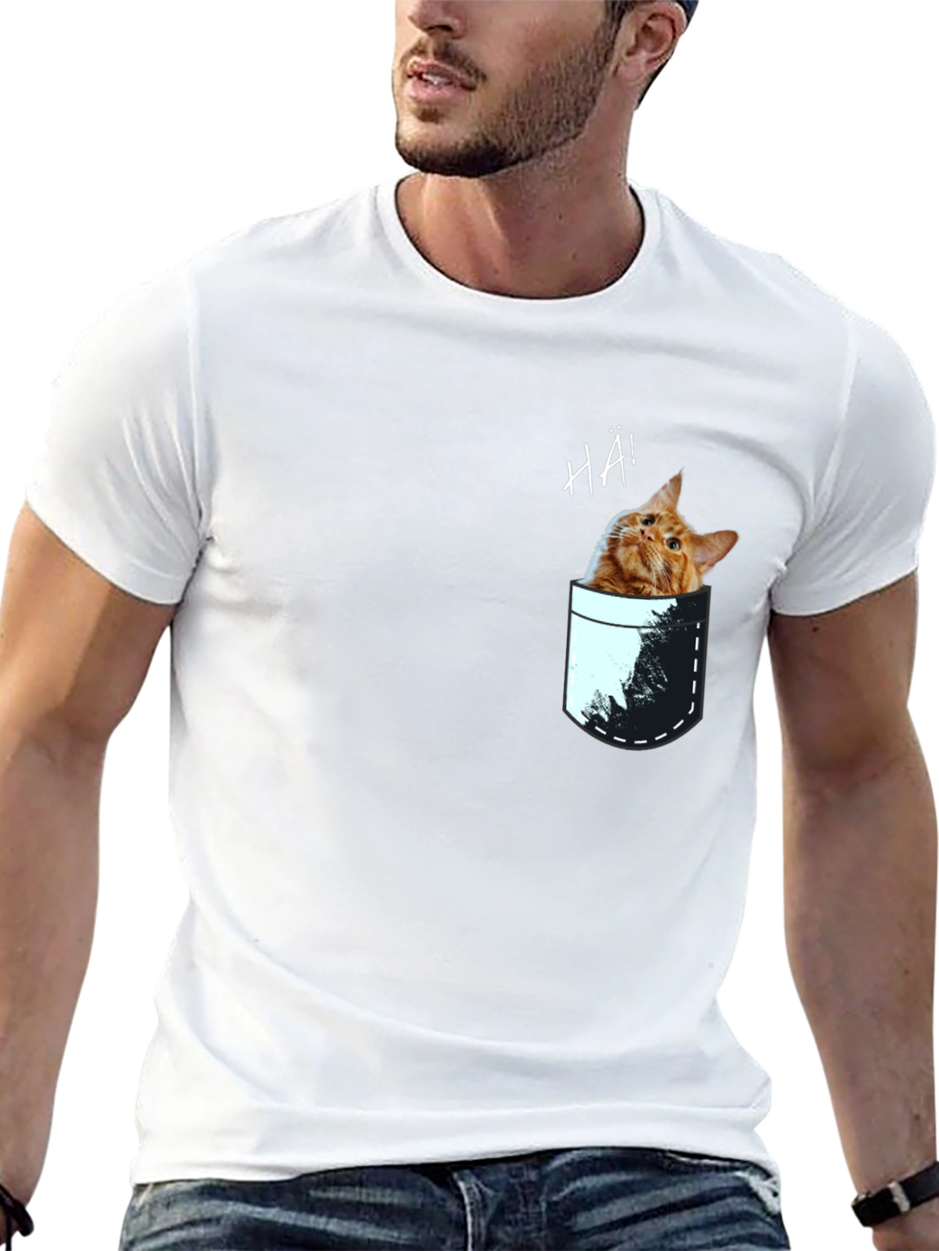 Cat Pocket Graphic Tee - Quirky Mens T-Shirt