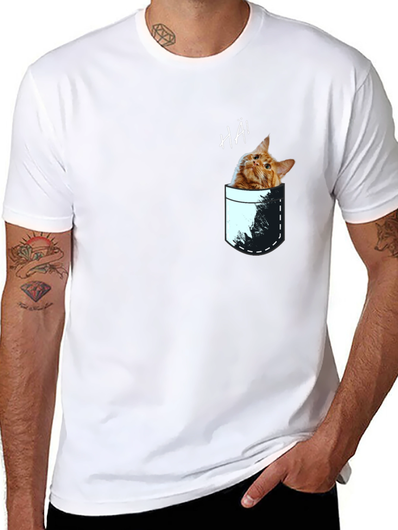 Cat Pocket Graphic Tee - Quirky Mens T-Shirt