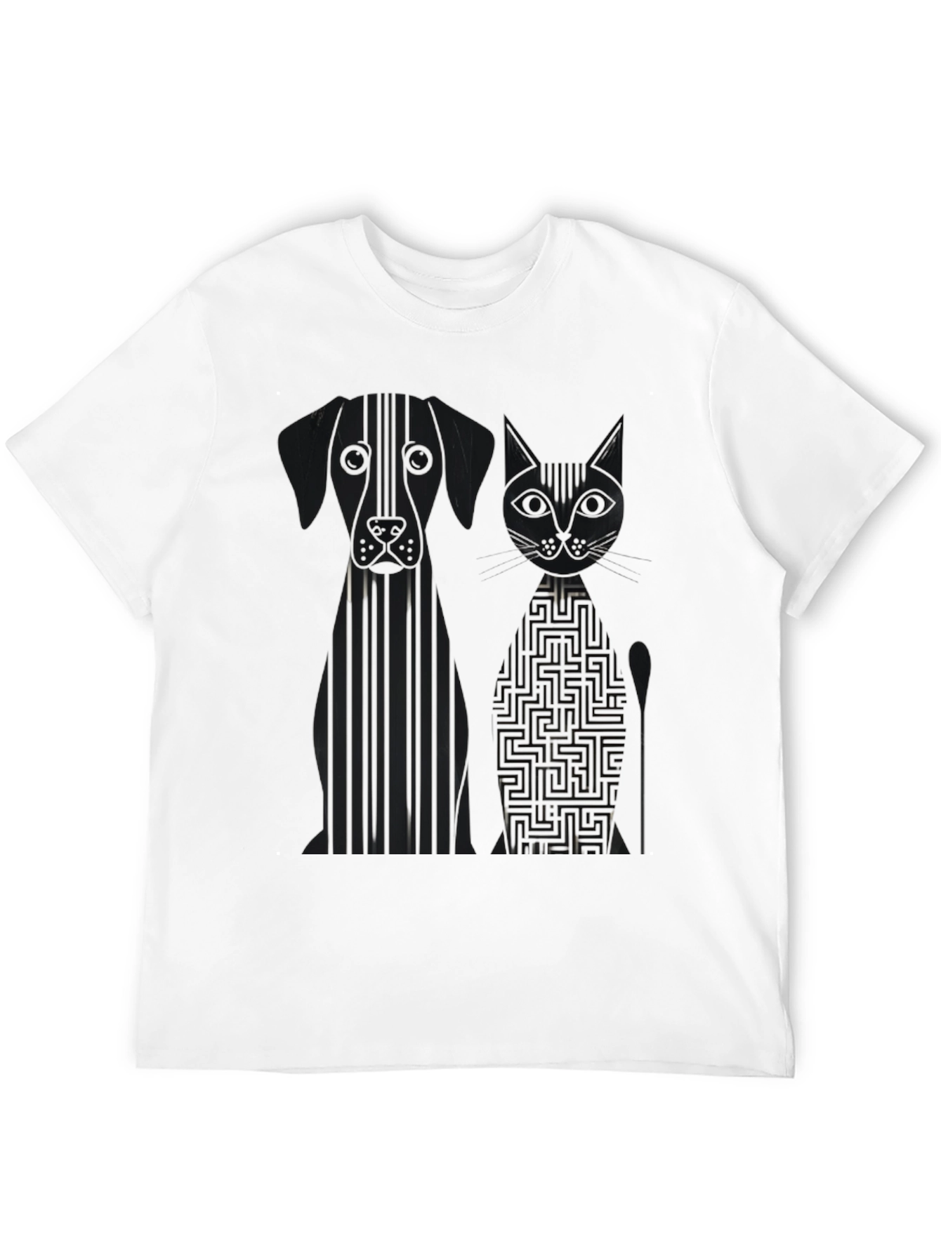 Dog and Cat Geometric Graphic Black T-Shirt